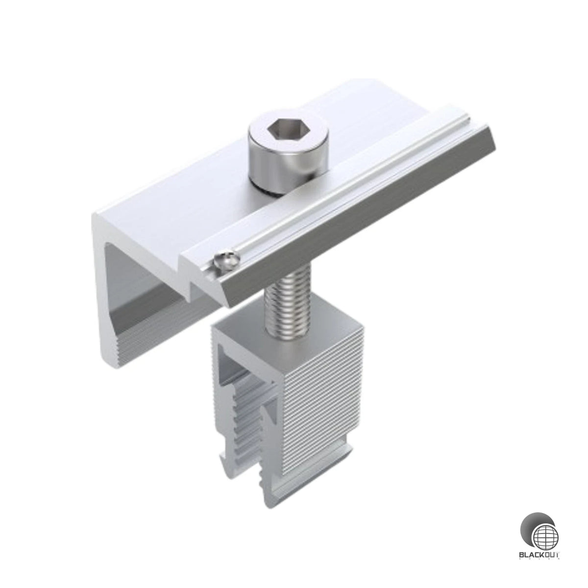Vormontierte Modul-Endklemme mit Klick-Montage für Modulrahmen von 30 bis 46 mm Höhe — inklusive integriertem Erdungs-Pin für den Potenzialausgleich.