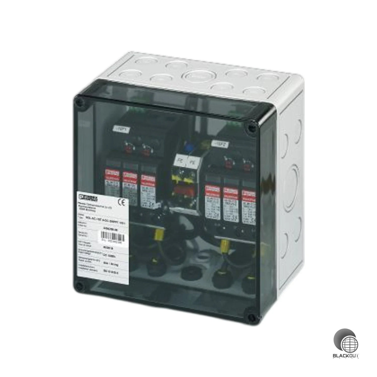 Generatoranschlusskasten von Phoenix Contact mit integriertem Typ-2-Überspannungsschutz für zwei MPP-Eingänge, ausgelegt für 1000 V DC und max. 32 A pro String mit SUNCLIX-Leitungseinführung.