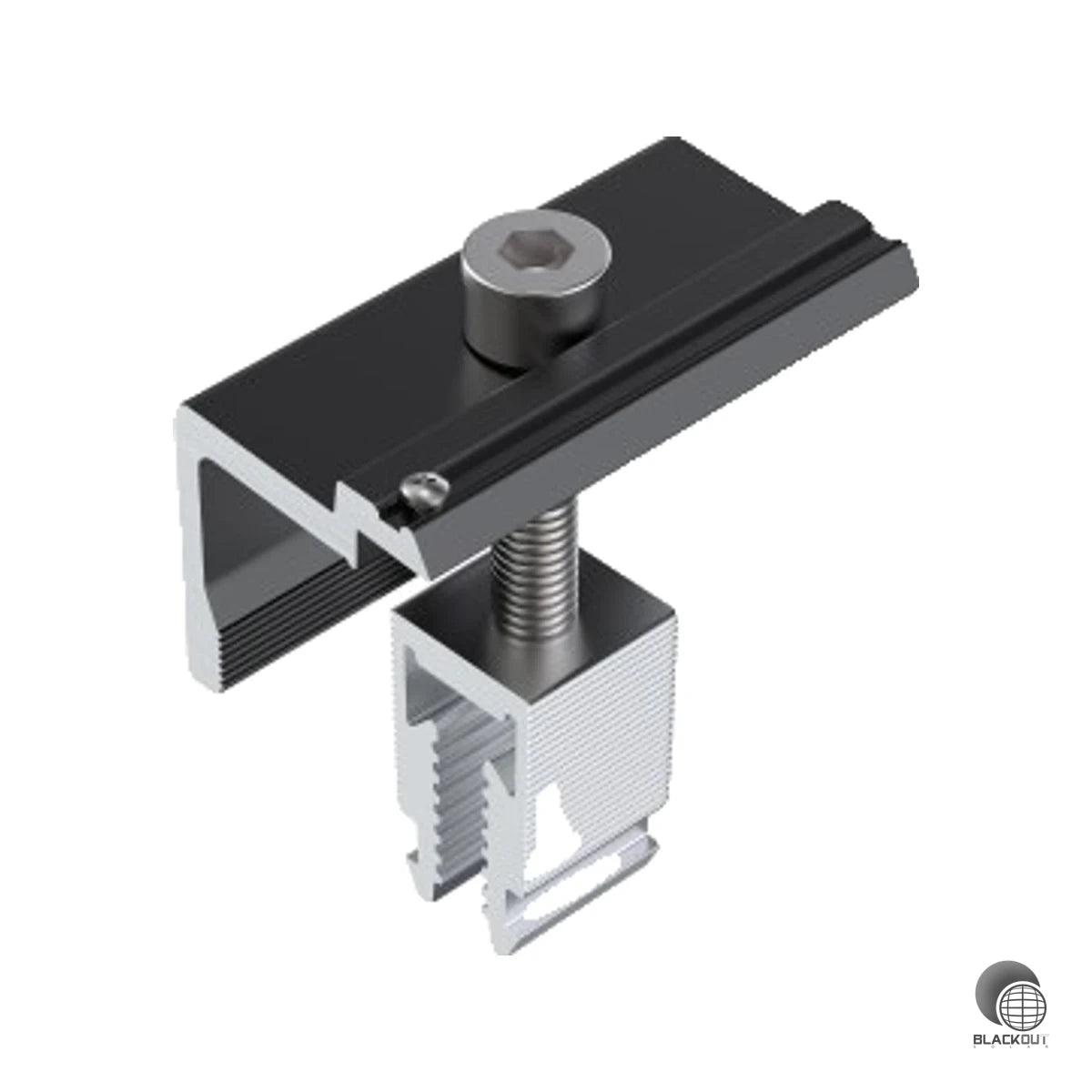 Kompakte Modul-Endklemme von Aerocompact für Rahmenhöhen von 30 bis 46 mm — mit integriertem Erdungs-Pin und Klick-Montage für schnelle, sichere Modulbefestigung.