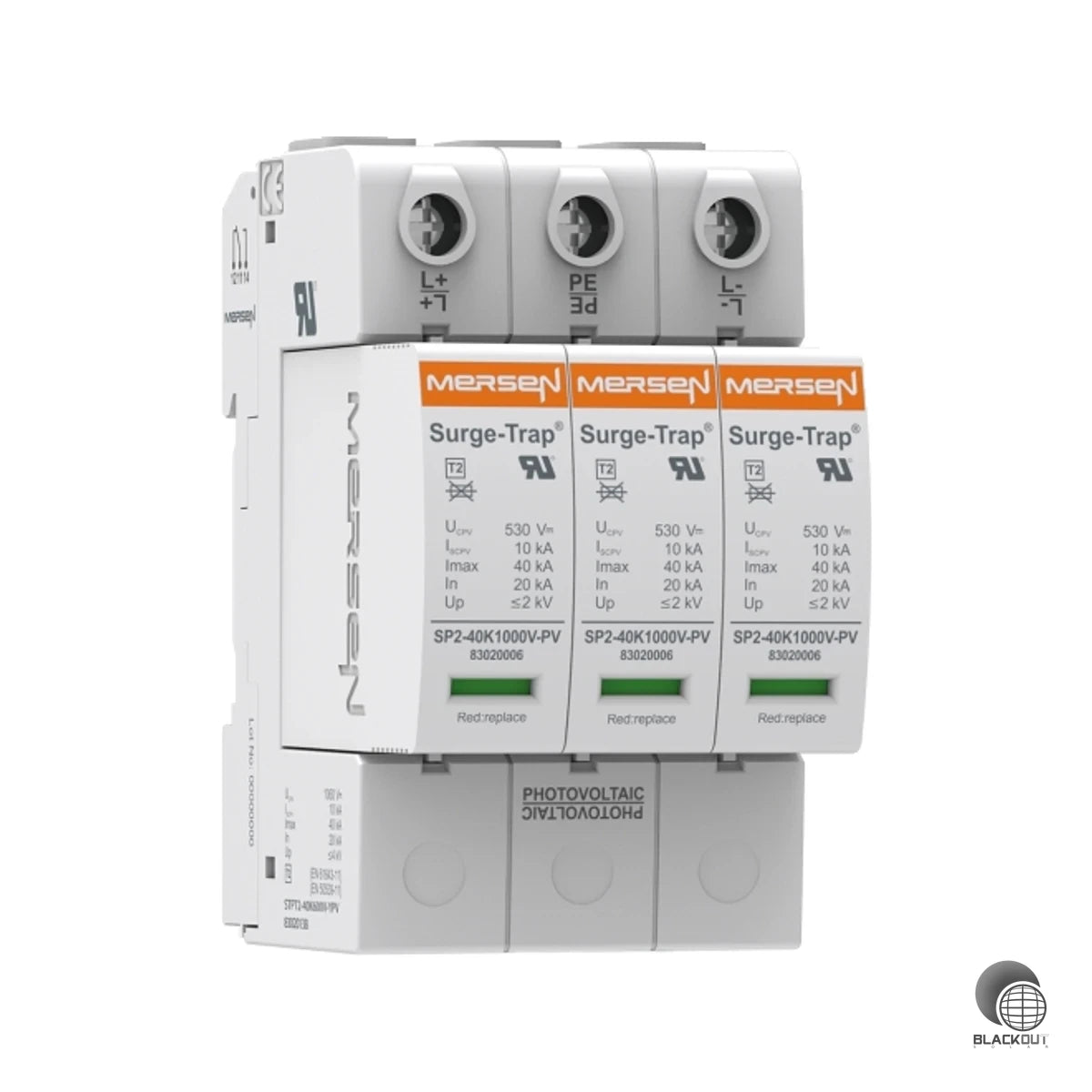 Dreipoliger PV-Überspannungsableiter Typ 2 von Mersen für Photovoltaikanlagen bis 1000 V DC — schützt Wechselrichter und Anlagenkomponenten zuverlässig vor Blitz- und Schaltüberspannungen, ohne externe Vorsicherung.