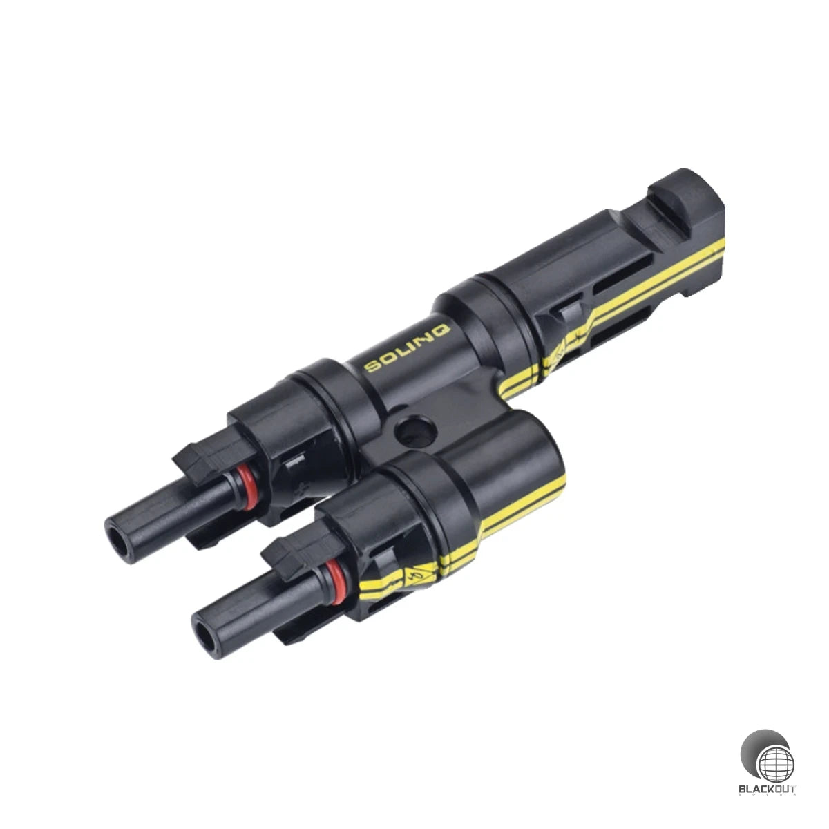 MC4-kompatibler Y-Verteiler für PV-Anlagen — verbindet einen männlichen Eingang mit zwei weiblichen Ausgängen für die einfache Strangaufteilung im Solarsystem.