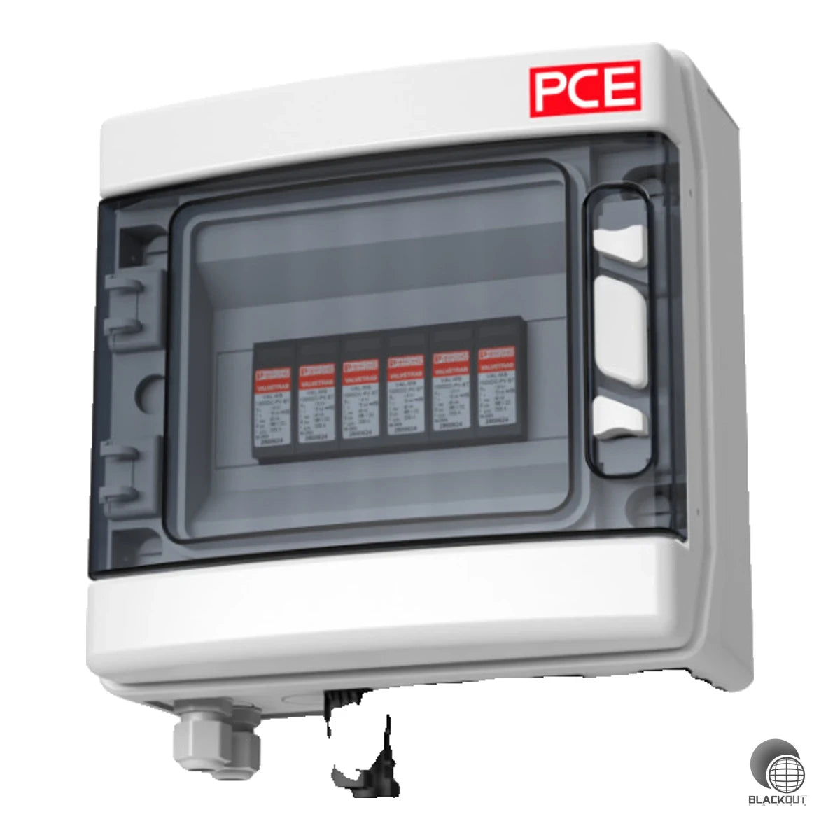 Fertig verdrahtete DC-Stringbox mit Überspannungsschutz Typ 2 für PV-Anlagen mit zwei MPP-Trackern — bis 1000 V DC, inkl. 8 MC4-Steckverbindern.