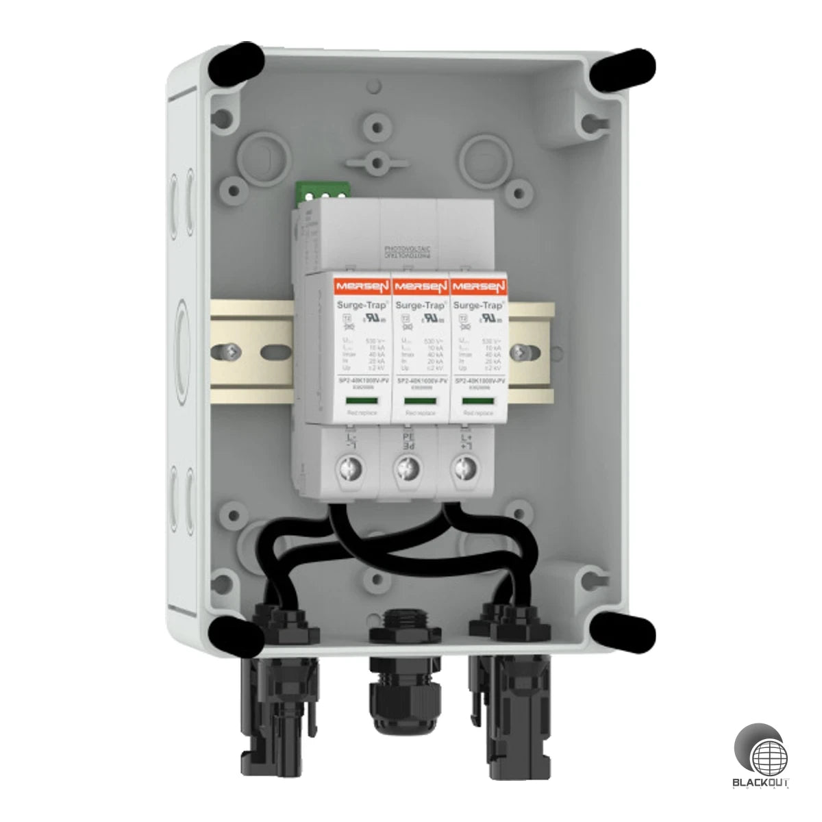 Kompakter DC-Generatoranschlusskasten für PV-Anlagen bis 1000 V DC mit Typ-2-Überspannungsschutz und MC4-Steckern – schützt den Wechselrichter zuverlässig vor Blitz- und Überspannungen.