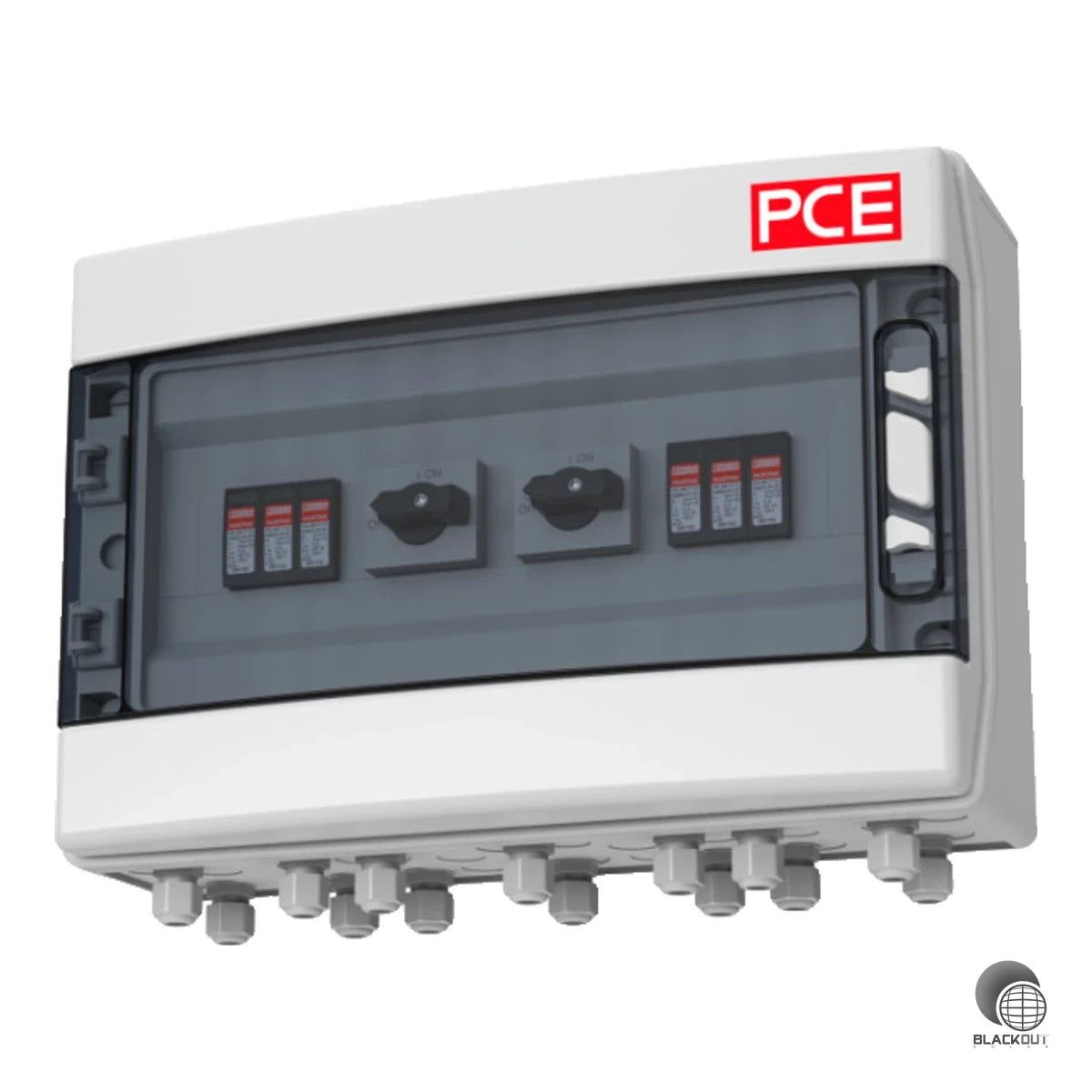 DC-Stringbox mit kombiniertem Blitzstrom- und Überspannungsschutz Typ 1+2 für PV-Anlagen mit 2 MPP-Trackern und bis zu 1000 V DC. Komplett bestückt mit Trennschaltern, Ableitern und Kabelverschraubungen in robustem IP54-Kunststoffgehäuse.