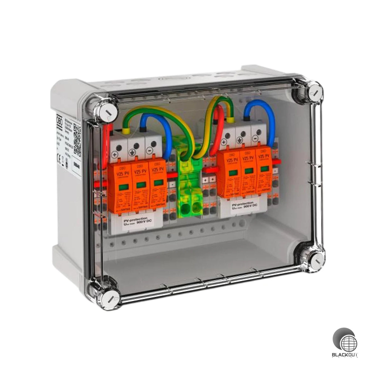Kompakter DC-Generatoranschlusskasten für Photovoltaikanlagen mit 2×2 String-Eingängen und Typ-1+2-Überspannungsschutz bis 900 V DC — vormontiert und einsatzbereit für den Außeneinsatz.