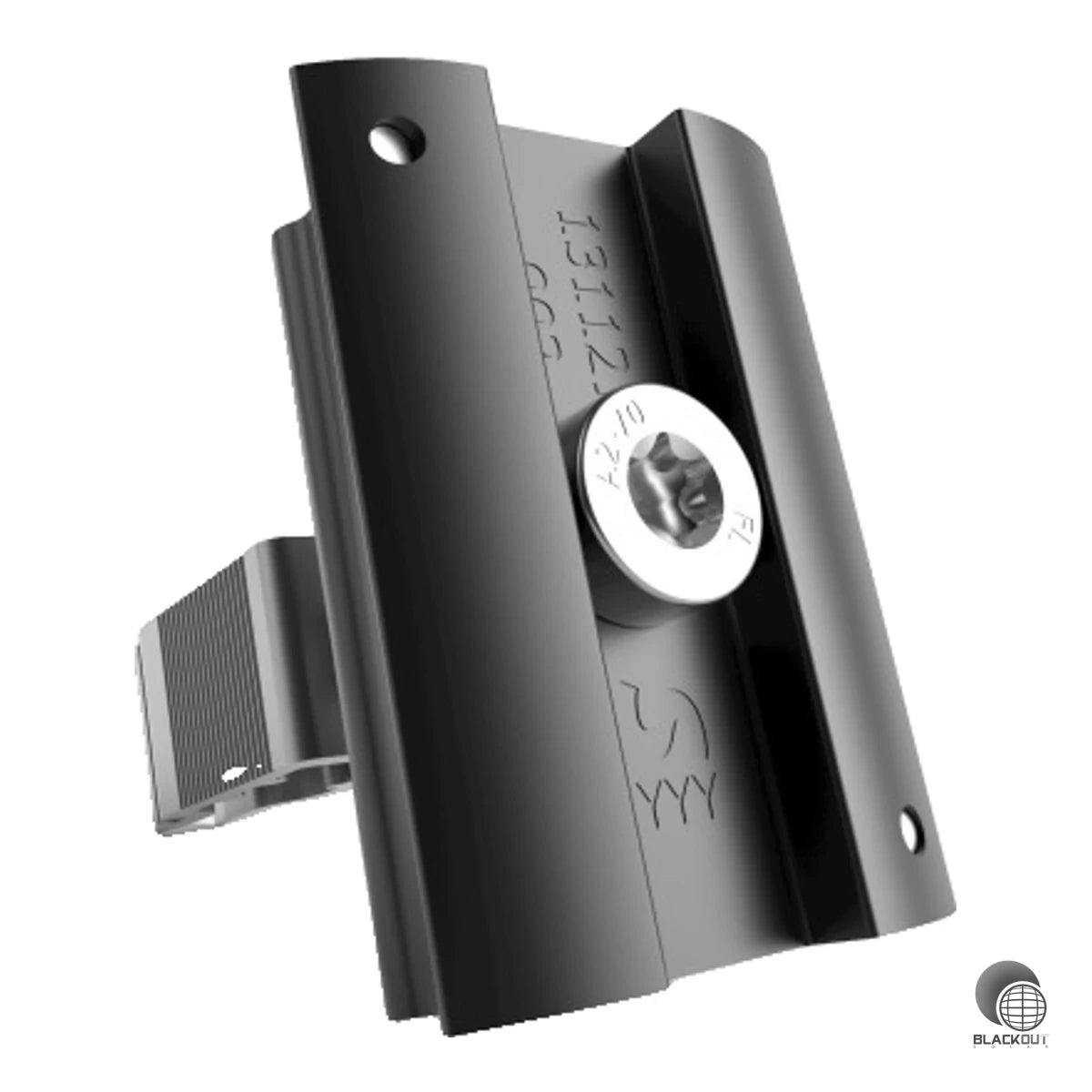 Schwarze Aluminium-Mittelklemme aus der Schletter Rapid16-Familie für Module mit Rahmenhöhen von 40 bis 50 mm – mit integriertem Erdungspin und Befestigungsmaterial.