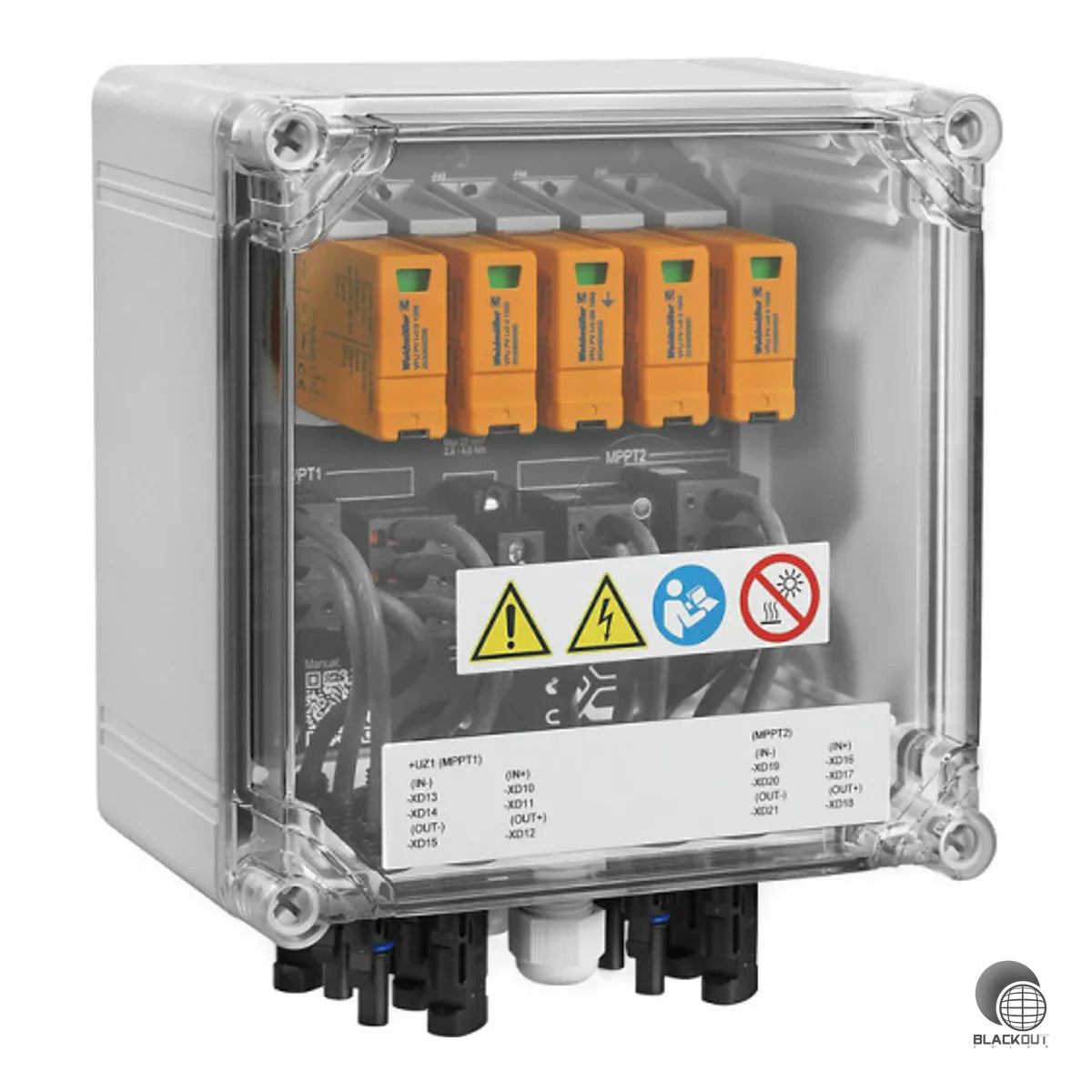 Generatoranschlusskasten für die DC-Seite von PV-Anlagen mit 2 MPP-Trackern, je 2 Eingängen und 1 Ausgang pro MPPT. Integrierter Überspannungsschutz Typ I/II, 1100 V Bemessungsspannung und IP65-Schutzart für den geschützten Außenbereich.