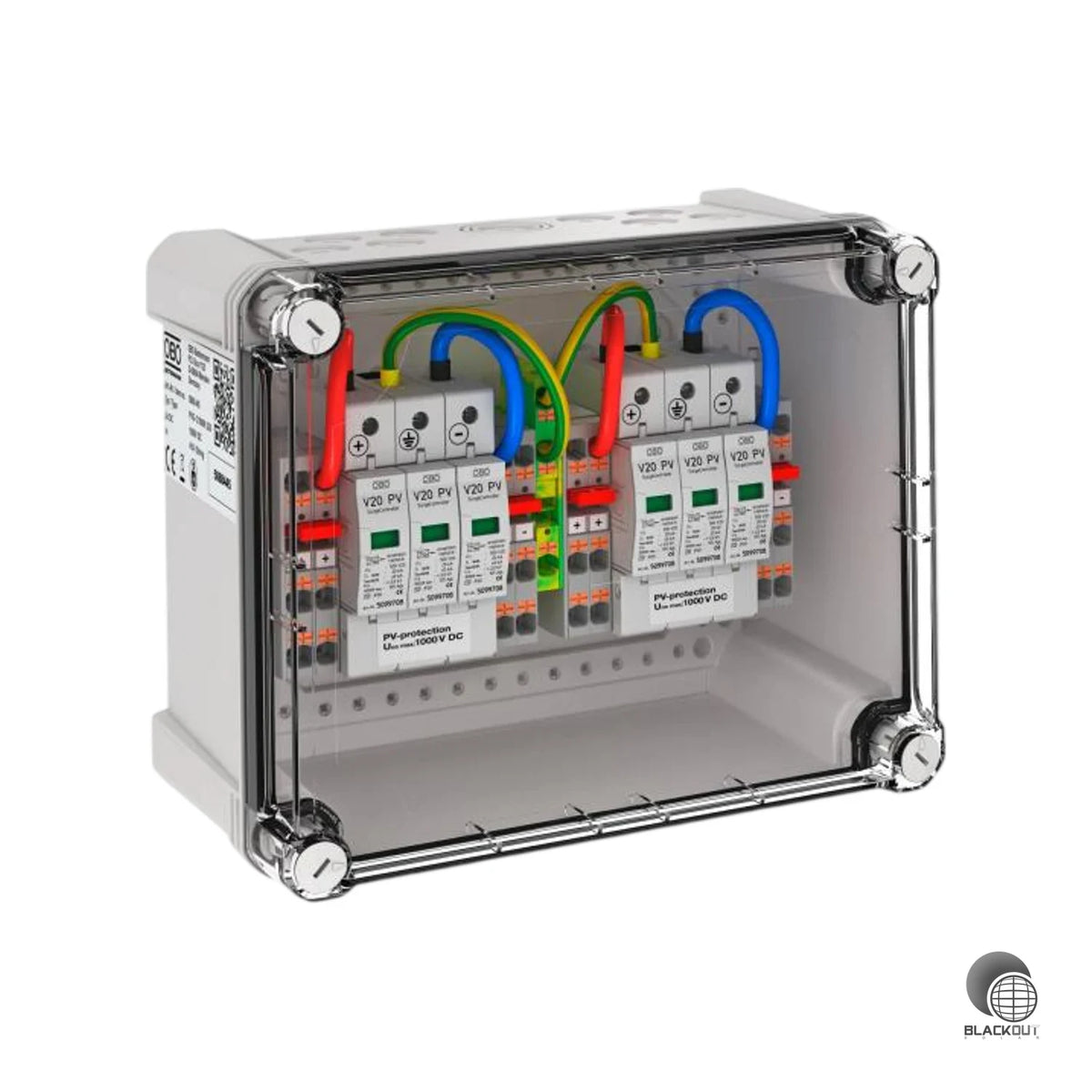 Typ-2-Generatoranschlusskasten für PV-Anlagen mit 2 MPP-Tracker-Ausgängen und integriertem Varistorableiter – schützt den Wechselrichter zuverlässig vor Überspannungen bis 1000 V DC.