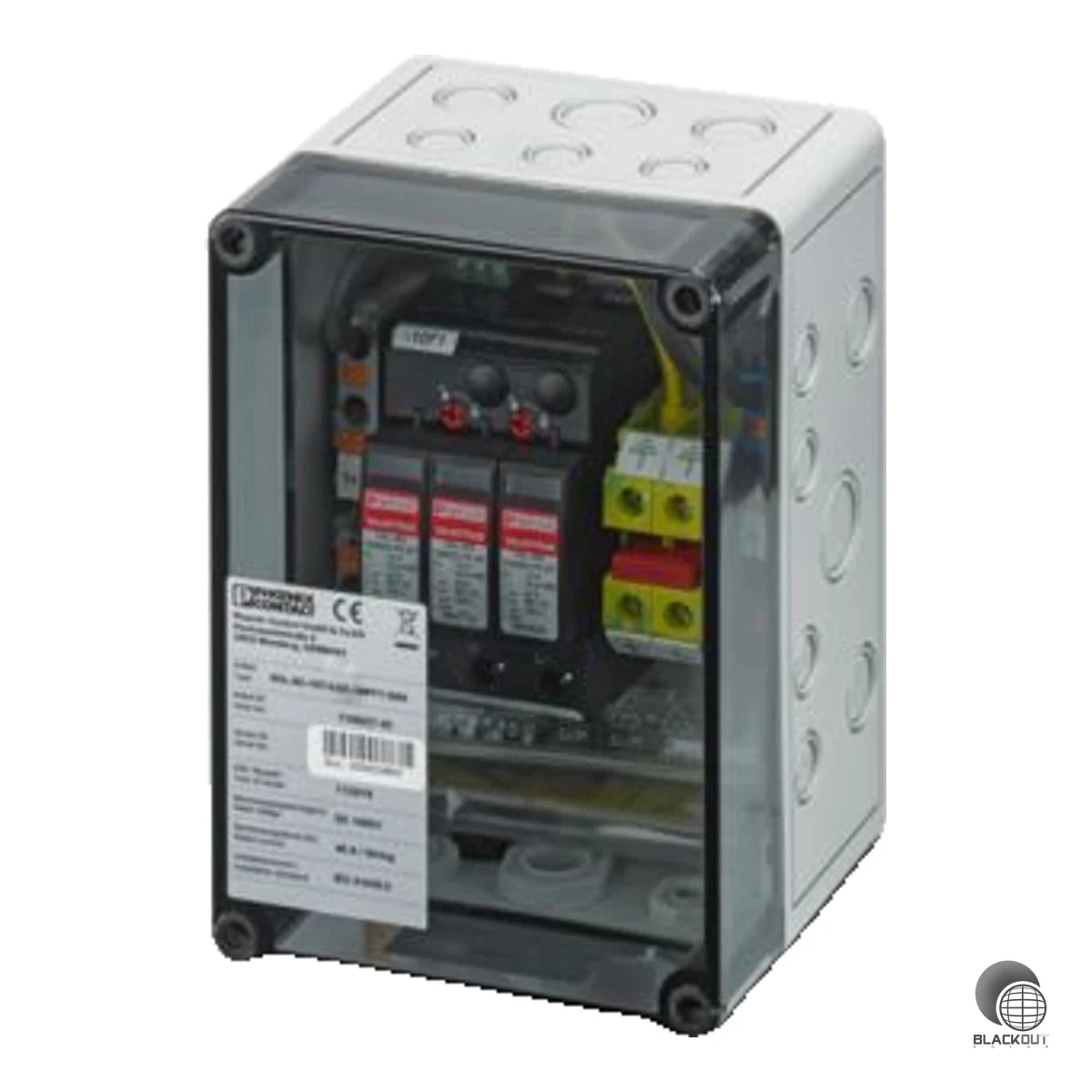 Generatoranschlusskasten von Phoenix Contact für 1 String mit integriertem Überspannungsschutz Typ 2 und einer MPP-Spannung von 1000 V DC. Leitungseinführung über Kabelverschraubung.