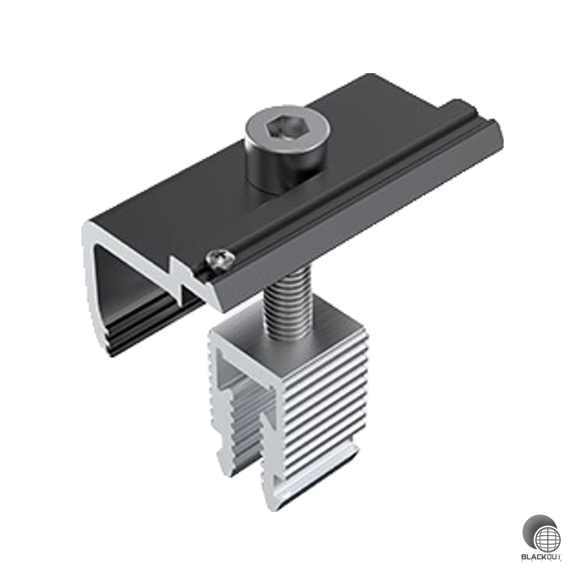 Vormontierte Modul-Endklemme mit Klick-Sockel für Rahmenhöhen von 28 bis 42 mm — schnell montiert und zuverlässig geerdet.