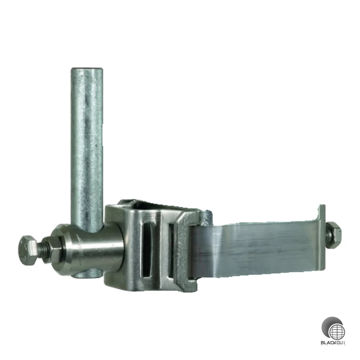 Bandrohrschelle aus Edelstahl V2A zur blitzstromtragfähigen Befestigung von Fangstangen (Rd 16 mm) an Vierkant-Hohlprofilen und Rohren – ideal für PV-Unterkonstruktionen auf Stahlskelett- oder Stahlbetonbauwerken.