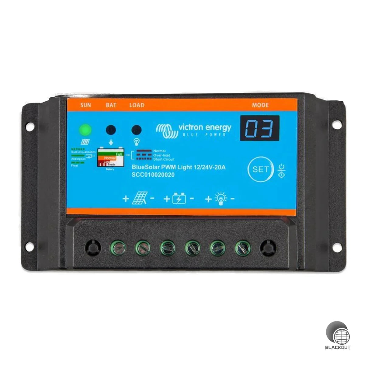 PWM-Solarladeregler mit automatischer 12/24V-Systemerkennung und 20 A Nennladestrom. Dreistufige Ladung, Lastausgang mit Tiefentladeschutz und lichtgesteuerter Timer-Funktion.