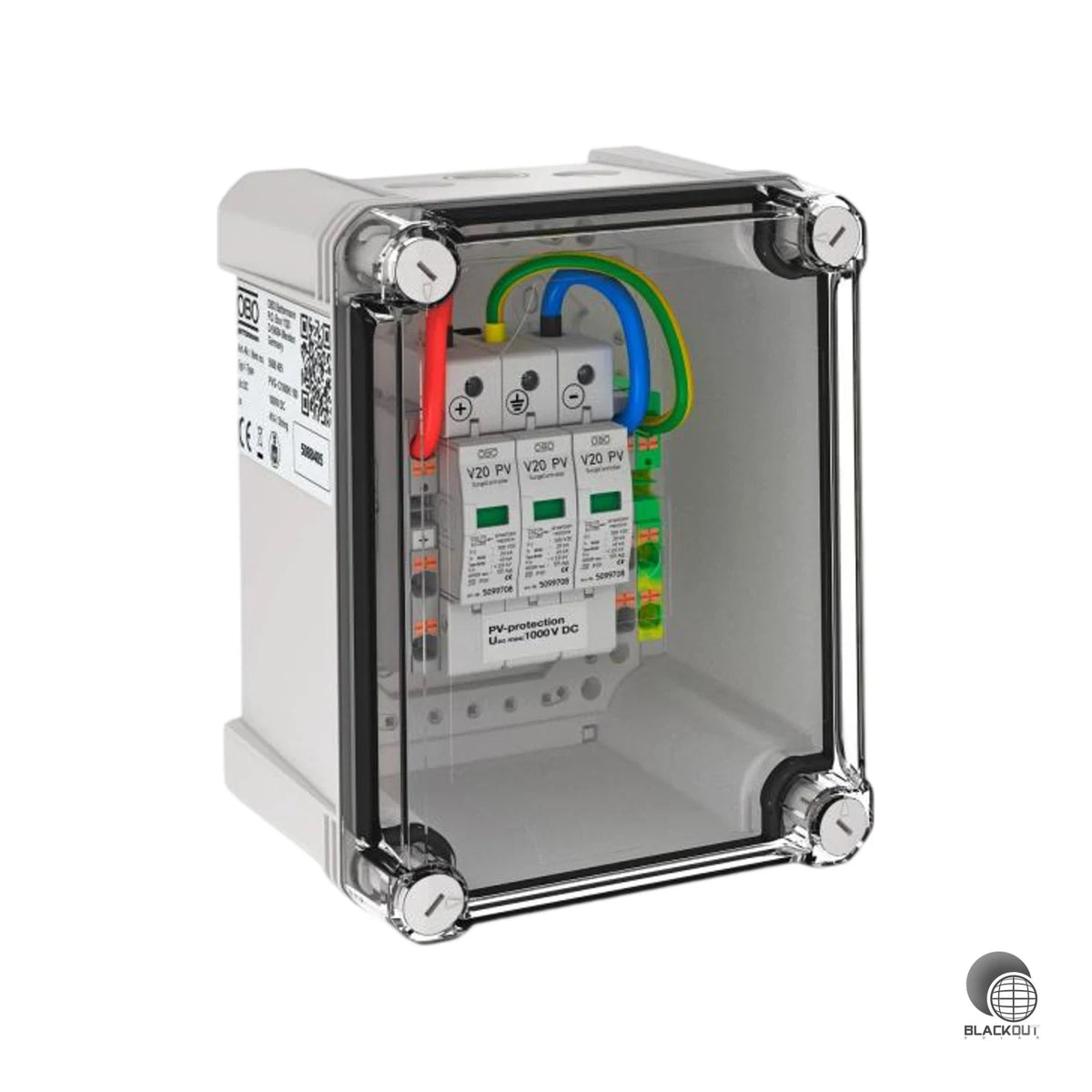 Kompakter Generatoranschlusskasten von OBO Bettermann mit Typ-2-Überspannungsschutz für PV-Anlagen mit einem String bis 1000 V DC — schützt den Wechselrichter zuverlässig vor Überspannungsereignissen.