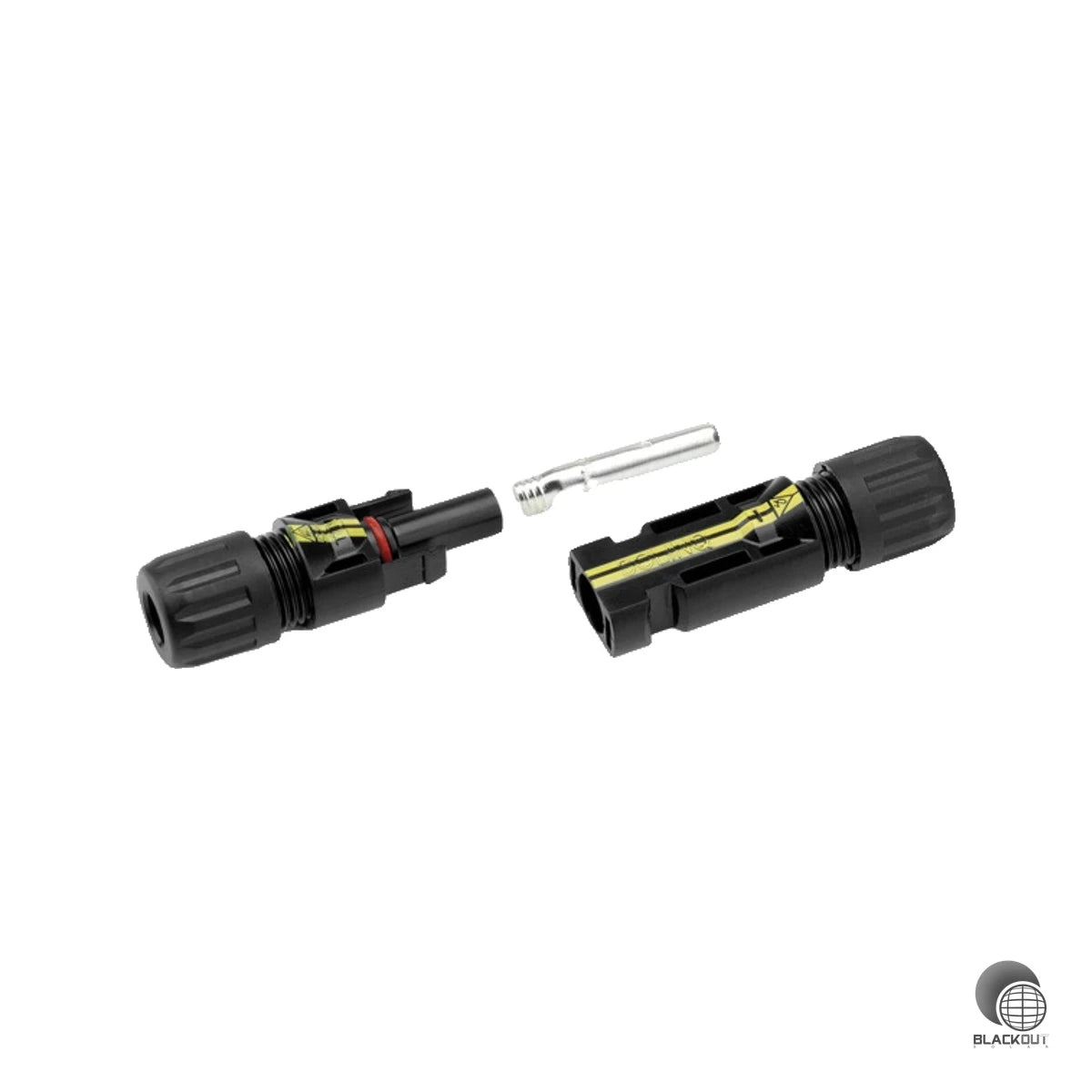 MC4-kompatibles Photovoltaik-Steckverbinder-Set von Cimco mit je 100 Stück Stecker- und Buchsen-Crimpkontakten — spart auf der Baustelle Zeit und Arbeit.