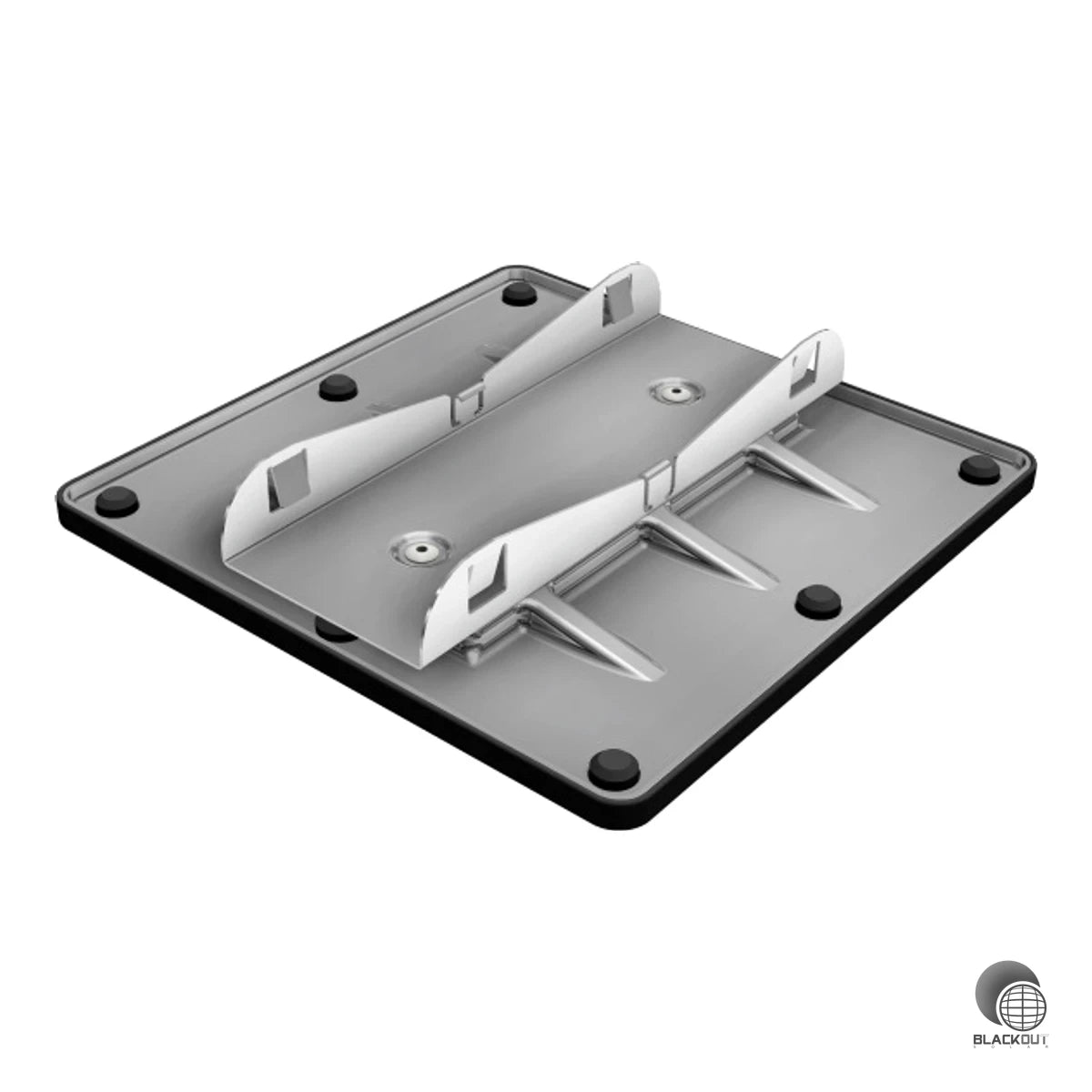 EPDM-Bodenschuh für die Lastverteilung auf Flachdächern im SL Rack Flat Fast System. Die 200 x 200 mm große Auflagefläche mit UV-beständigem EPDM sorgt für hohen Reibungskoeffizienten und schont empfindliche Dachfolien.