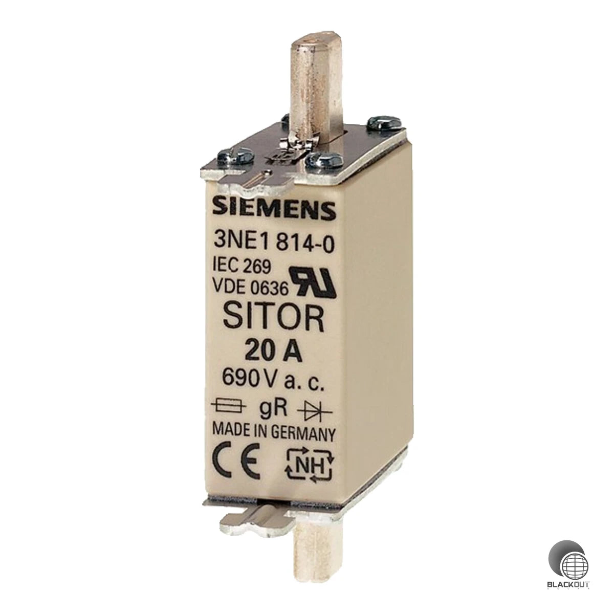 Superflinker SITOR-Sicherungseinsatz der Betriebsklasse gS für zuverlässigen Halbleiterschutz – ausgelegt für AC-Anlagen bis 690 V und DC-Systeme bis 250 V bei einem Bemessungsstrom von 20 A.