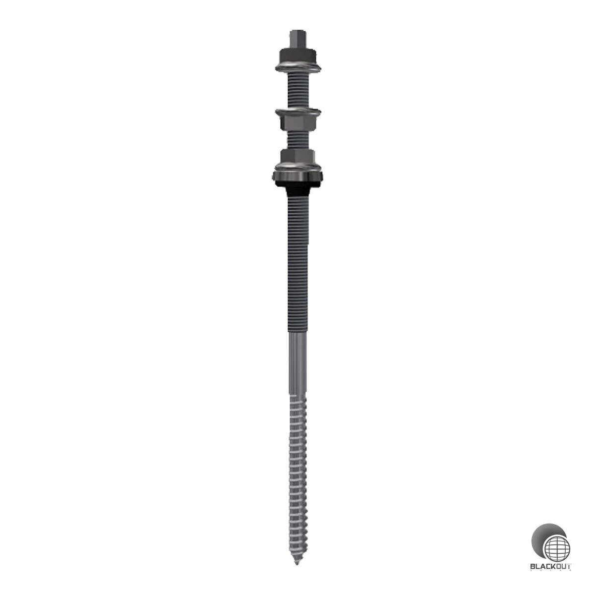 Komplettset aus Edelstahl-Stockschraube M12x300 und höhenverstellbarem Aufsatz zur Befestigung von Tragschienen auf Holzkonstruktionen – mit EPDM-Abdichtung und UV-beständiger Druckkalotte.