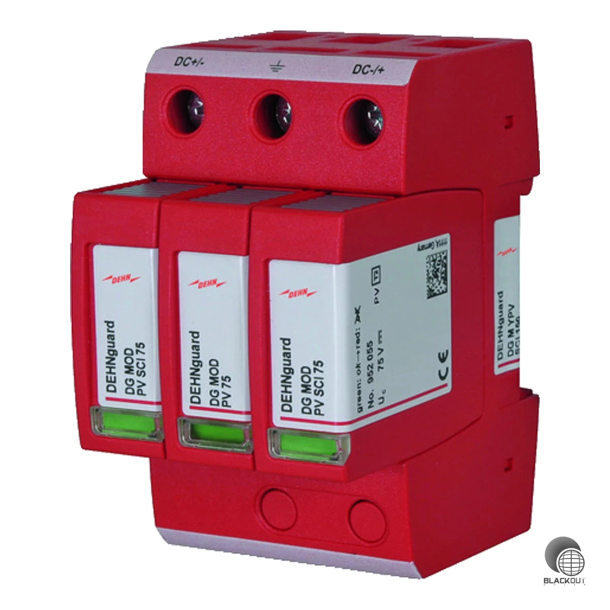 Mehrpoliger DC-Überspannungsableiter Typ 2 für Photovoltaik-Anlagen bis 150 V – mit patentiertem SCI-Prinzip für sichere elektrische Trennung im Schutzmodul.