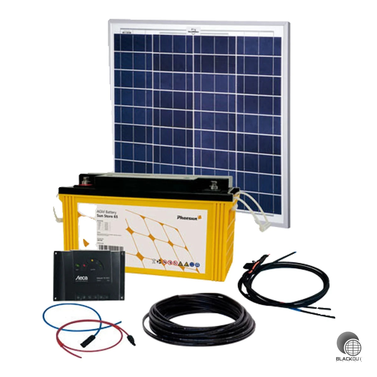 Netzunabhängiges Solar-Komplett-Set mit 50-W-Modul, Laderegler, 90-Ah-AGM-Batterie und Verkabelung für den autarken Betrieb von 12-V-Verbrauchern in Garten, Garage oder Ferienhaus.