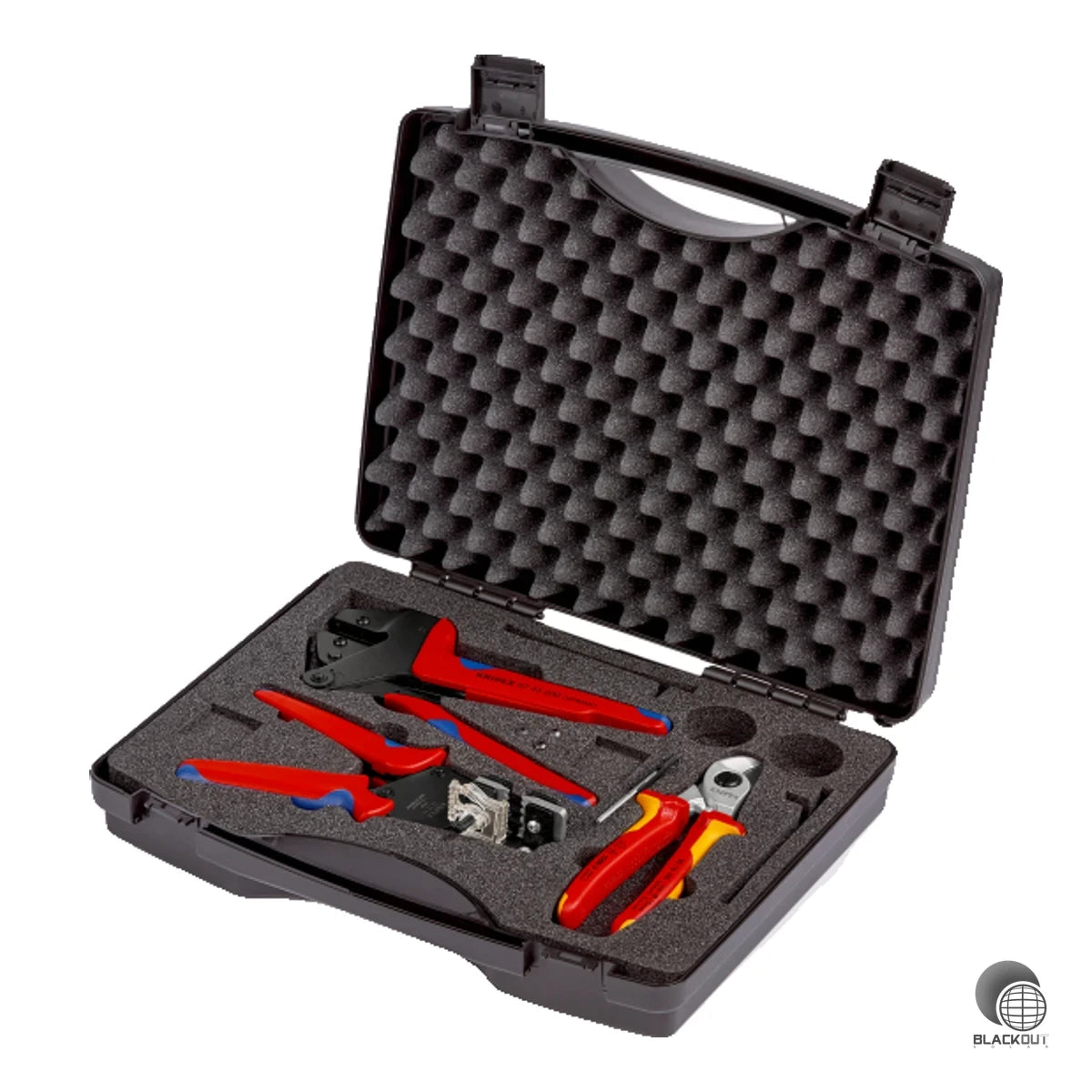 Professionelles 3-teiliges Werkzeugset von Knipex für die Photovoltaik-Installation — mit Präzisions-Abisolierzange, Kabelschere und Crimp-Systemzange im schlagfesten Kunststoffkoffer.