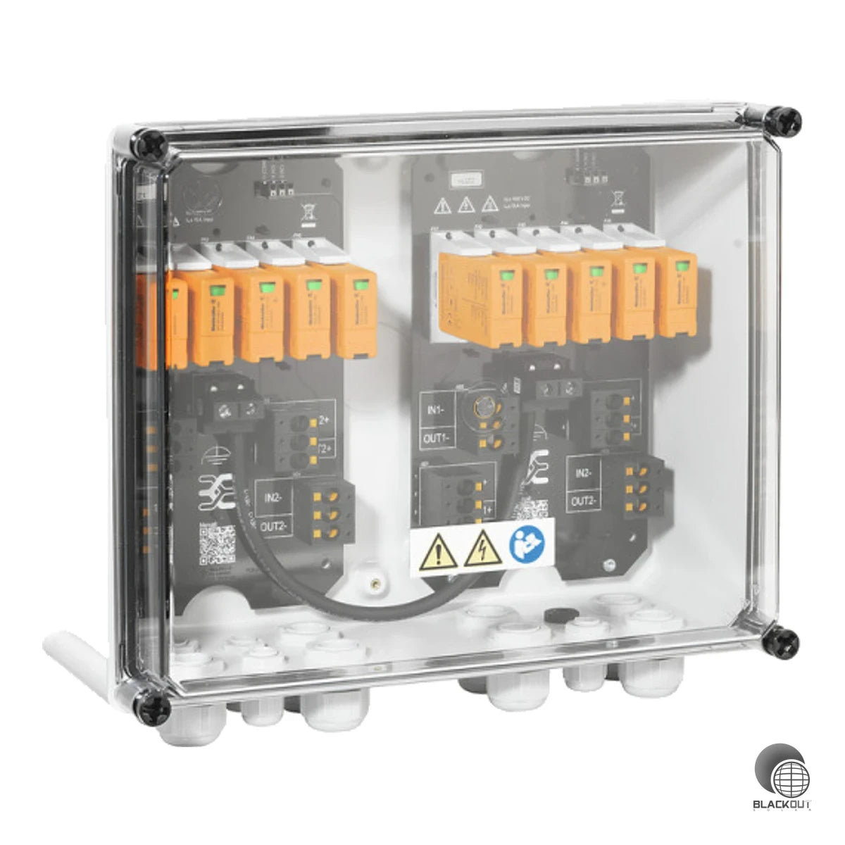 Professioneller DC-Generatoranschlusskasten für PV-Anlagen mit 4 MPP-Trackern, 2 Eingängen und 2 Ausgängen pro MPP sowie integriertem Überspannungsschutz Typ I/II bis 1100 V.