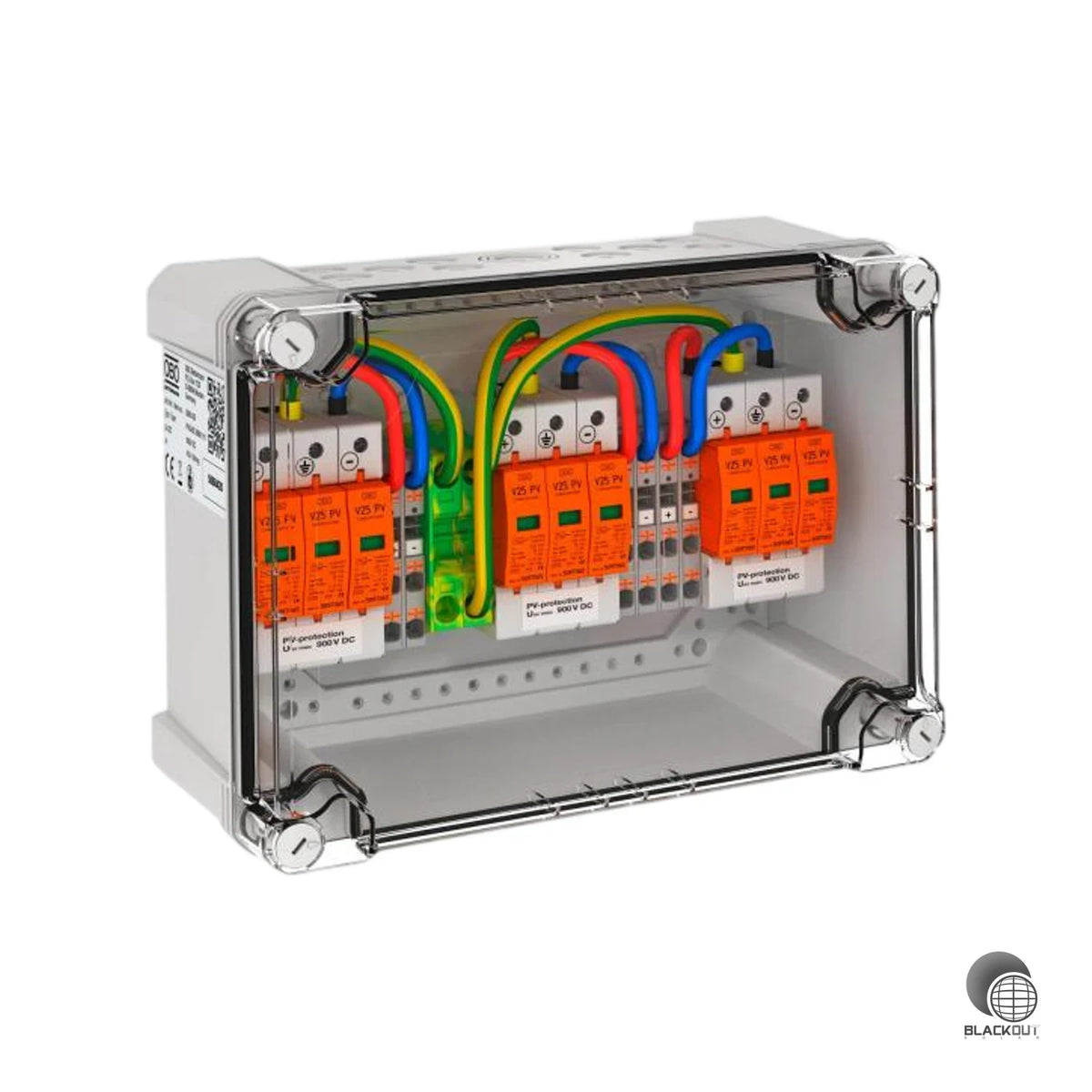 Kompakter DC-Stringanschlusskasten für PV-Anlagen mit drei unabhängigen MPP-Tracker-Ausgängen und integriertem Überspannungsschutz Typ 1+2 bis 900 V DC — sicher, vorinstalliert und sofort einsatzbereit.