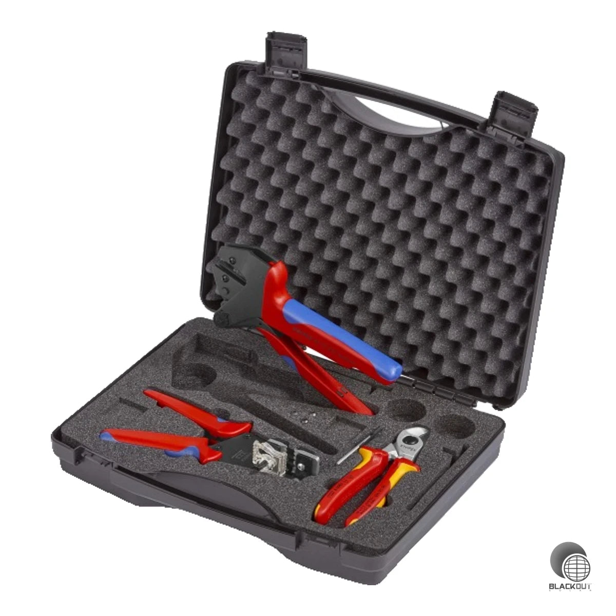 Komplett bestückter Werkzeugkoffer für professionelle PV-Installationen — mit Präzisions-Abisolierzange, Kabelschere und kalibrierter Crimp-Systemzange von Knipex.