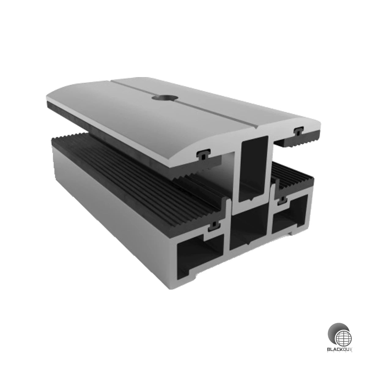 Universelle Aluminium-Mittelklemme für Laminat-Solarmodule mit Moduldicken von 3 bis 12 mm — inklusive Senkkopfschraube und Vierkantmutter.