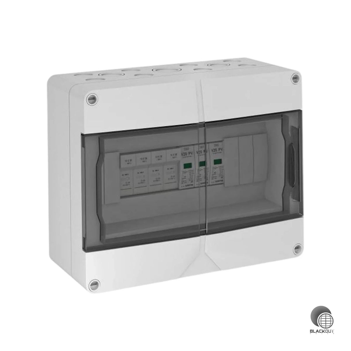 Vormontierte DC-Stringbox mit Typ-2-Überspannungsschutz und gPV-Sicherungen für PV-Anlagen mit einem MPP-Tracker — schützt den Wechselrichter zuverlässig und ist sofort einsatzbereit.