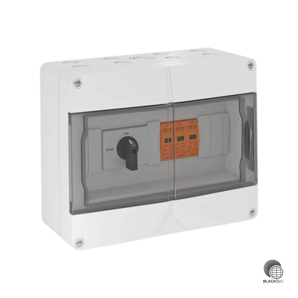 Fertig montierte DC-Stringbox für 2 PV-Strings mit integriertem Trennschalter und steckbaren Überspannungsableitern — die kompakte Systemlösung für den sicheren DC-Schutz von PV-Anlagen mit einem MPP-Tracker.
