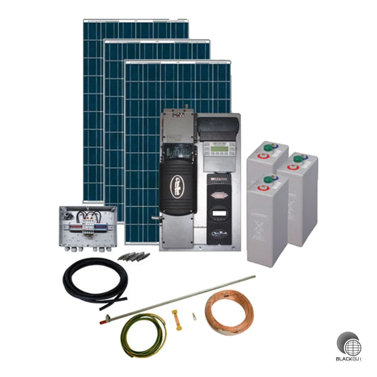 Autarkes Photovoltaik-Komplettpaket für höheren Energiebedarf: 3,12 kW Solarleistung, 48V-Systemspannung und 230 VAC-Ausgang für Haushaltsgeräte, Werkzeuge und weitere AC-Verbraucher.