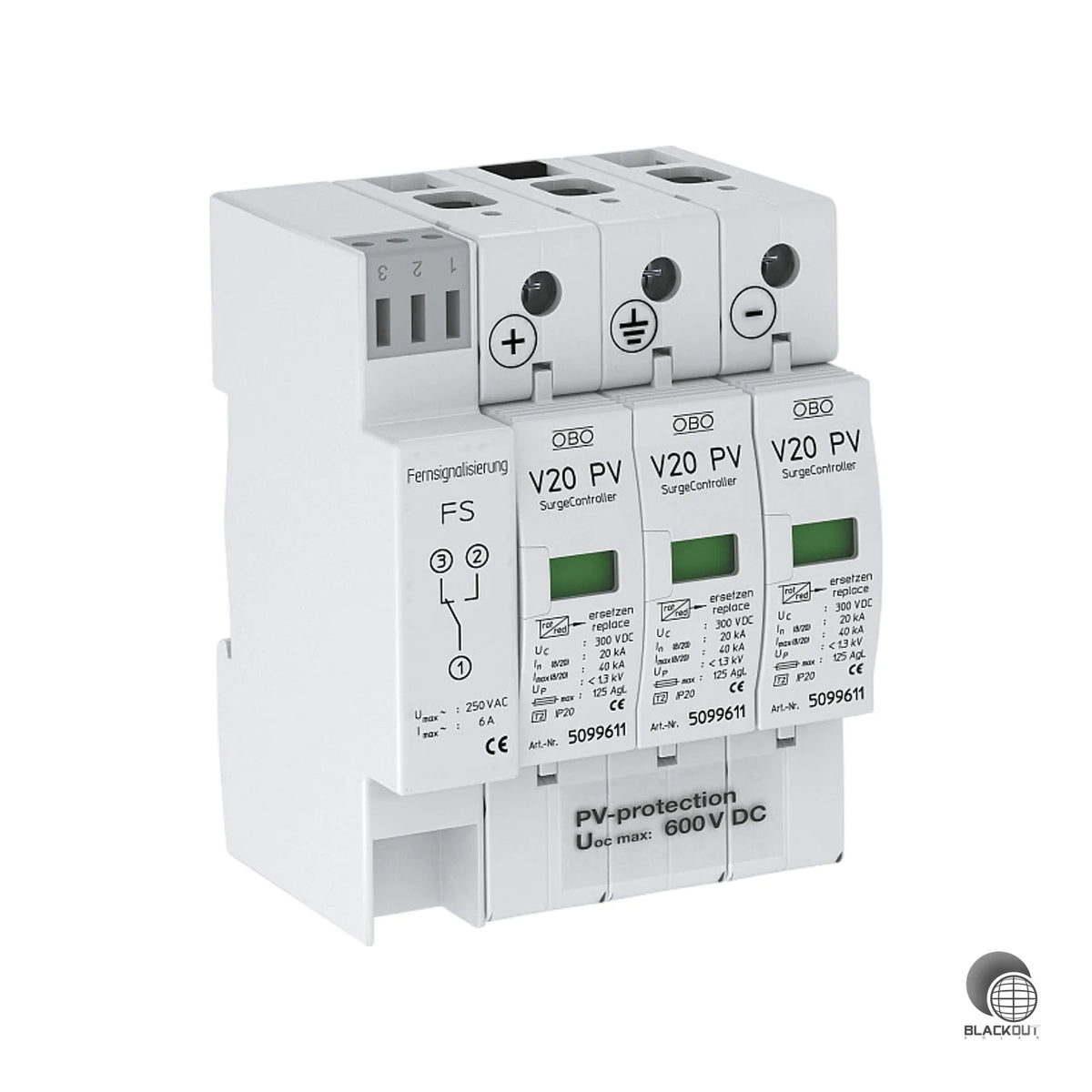 Typ-2-Überspannungsableiter in fehlerresistenter Y-Schaltung für PV-Anlagen bis 600 V DC mit Fernmeldekontakt. Steckbare Varistor-Ableiter mit thermo-dynamischer Abtrennvorrichtung und optischer Funktionsanzeige.