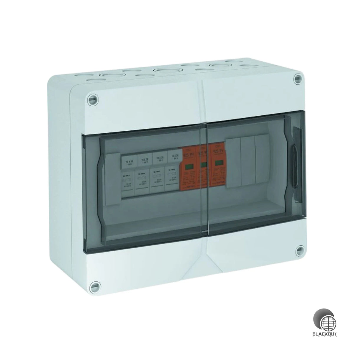 Vormontierte DC-Stringbox für 4 PV-Strings mit Typ 1+2 Überspannungsschutz und PV-Sicherungen (unbestückt) in fehlerresistenter Y-Schaltung nach VDE 0100-712. Robustes IP65-Gehäuse aus UV-beständigem Polycarbonat für den Außeneinsatz.