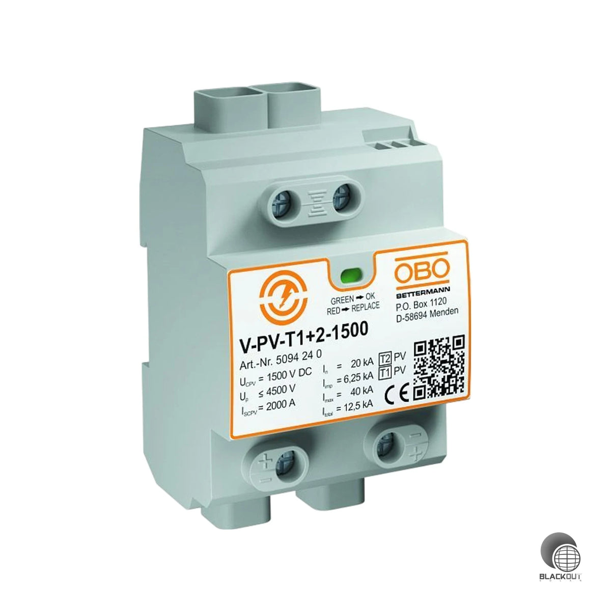 Typ 1+2 Kombiableiter in fehlerresistenter Y-Schaltung für den Blitz- und Überspannungsschutz von PV-Anlagen bis 1500 V DC. Hutschienenmontage, 4 TE breit, mit optischer Statusanzeige.