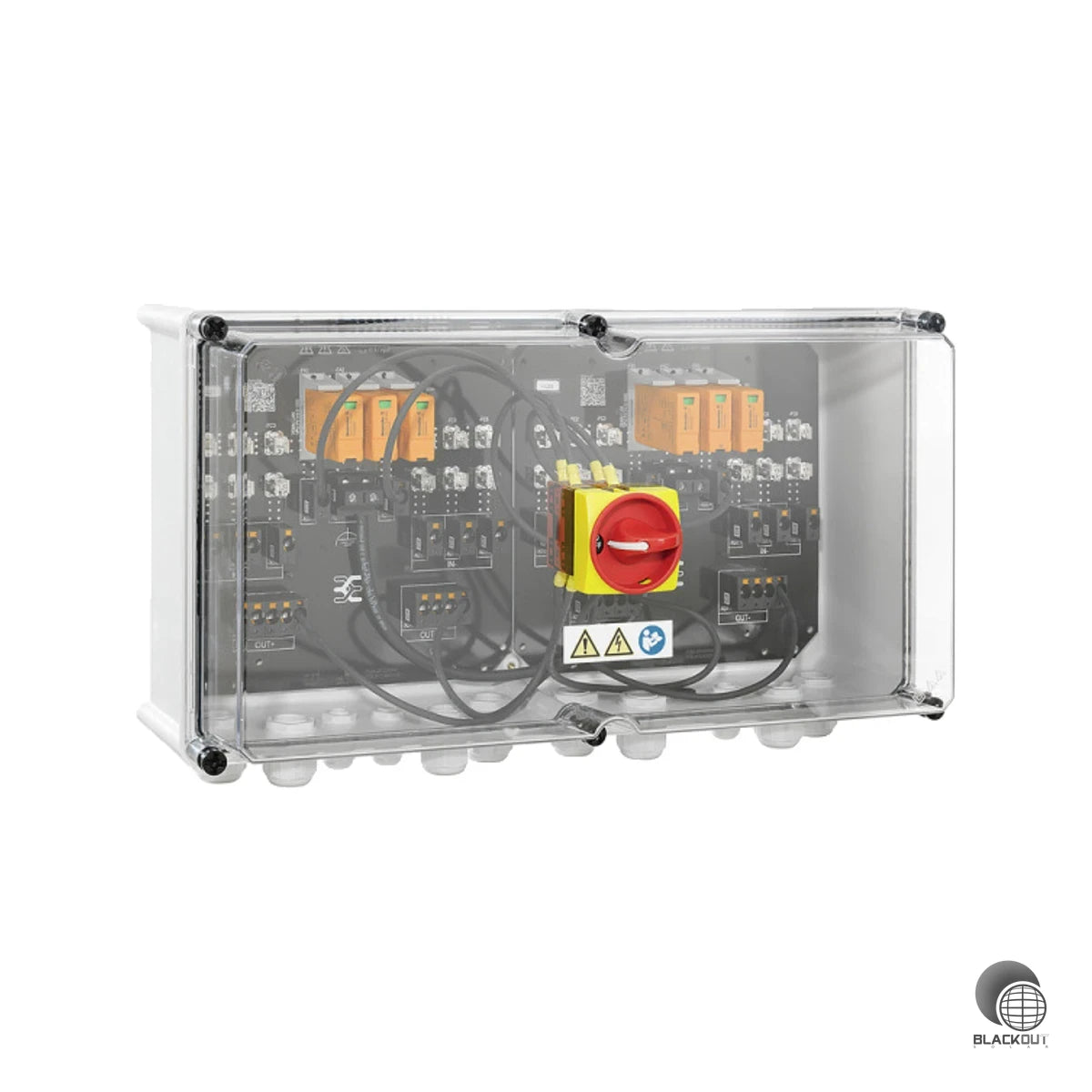Professioneller DC-Generatoranschlusskasten für PV-Anlagen mit 2 MPP-Trackern, kombiniertem Überspannungsschutz Typ I+II und integriertem Lasttrennschalter — alles in einem kompakten, witterungsbeständigen Gehäuse.