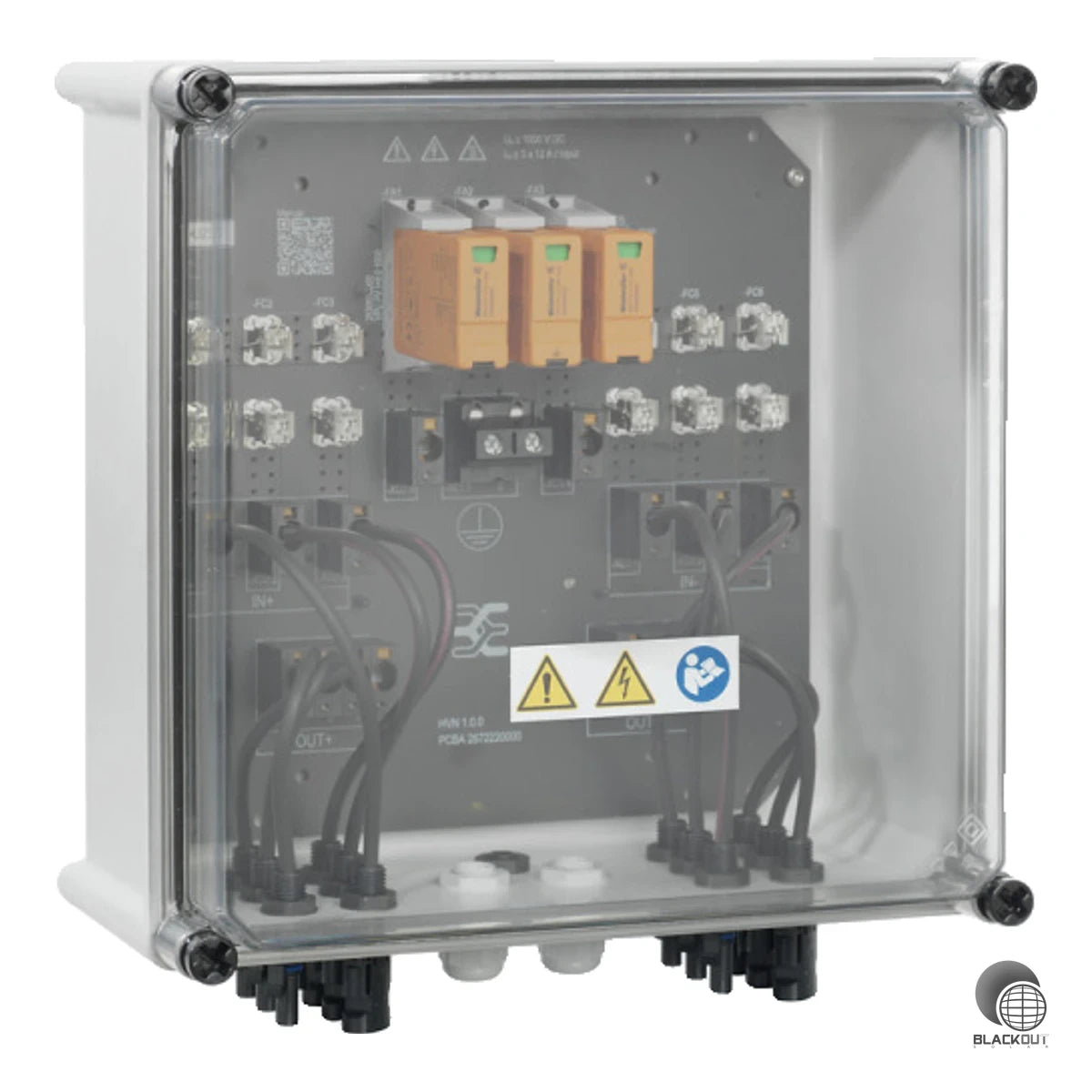 DC-Generatoranschlusskasten mit integriertem Überspannungsschutz Typ I/II für PV-Anlagen bis 1000 V. Ausgelegt für 1 MPP-Tracker mit je 3 String-Eingängen und 3 Ausgängen über WM4C-Steckverbinder.