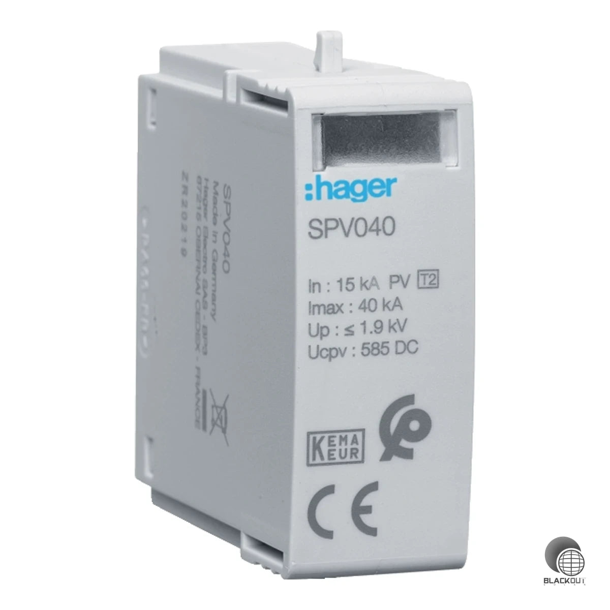 Steckbares Typ-2-Überspannungsschutzmodul für DC-Photovoltaikanlagen mit 15 kA Nennableitstoßstrom und 585 V Dauerbetriebsspannung. Einfacher Modultausch dank Steckdesign auf Basiselement.