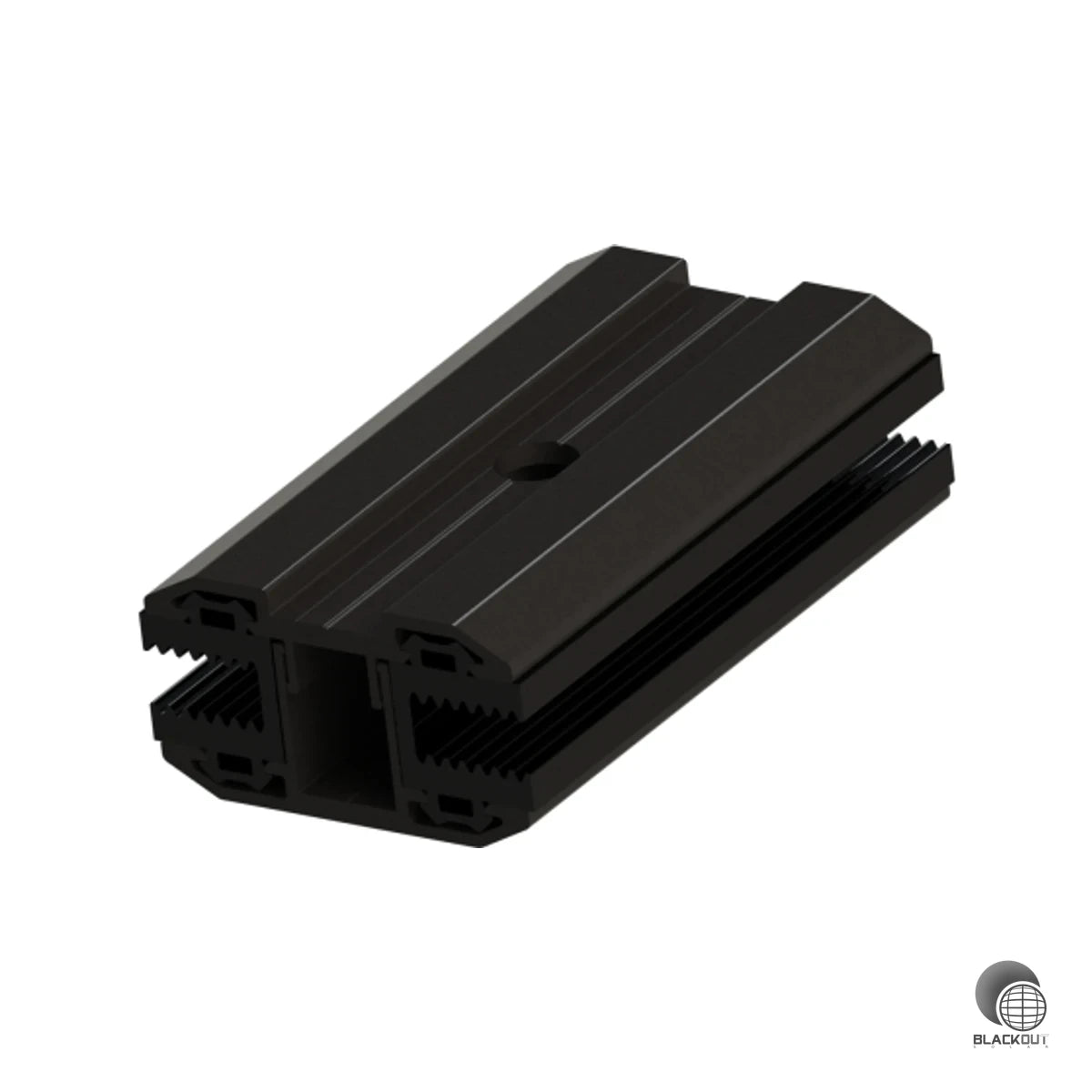 Schwarze Aluminium-Mittelklemme für rahmenlose Laminatmodule mit 5,0–6,2 mm Glasstärke — schnelle, sichere Modulbefestigung auf K2-Montageschienen.