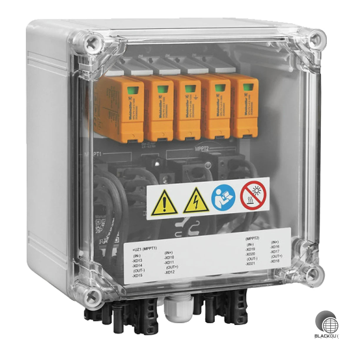 Kompakter Generatoranschlusskasten für PV-Anlagen mit 2 MPP-Trackern – schützt die DC-Seite zuverlässig vor Überspannungen bis 1.100 V DC gemäß EN 61643-31.