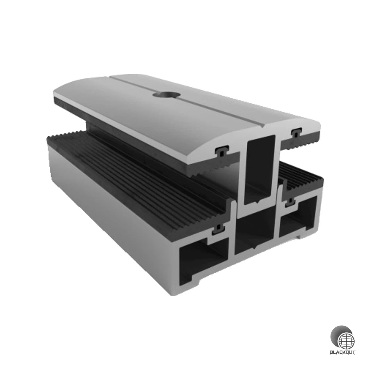 Universelle Aluminium-Mittelklemme für Solarmodule mit Laminatstärken von 3 bis 12 mm — inklusive Senkkopfschraube und Vierkantmutter für eine sofort einsatzbereite Montage.