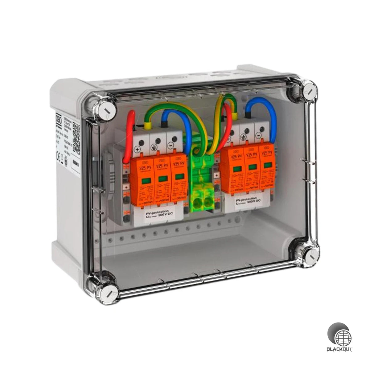 Kompakter DC-Generatoranschlusskasten für Photovoltaikanlagen mit 2 MPP-Tracker-Ausgängen und integriertem Überspannungsschutz Typ 1+2 bis 900 V DC.