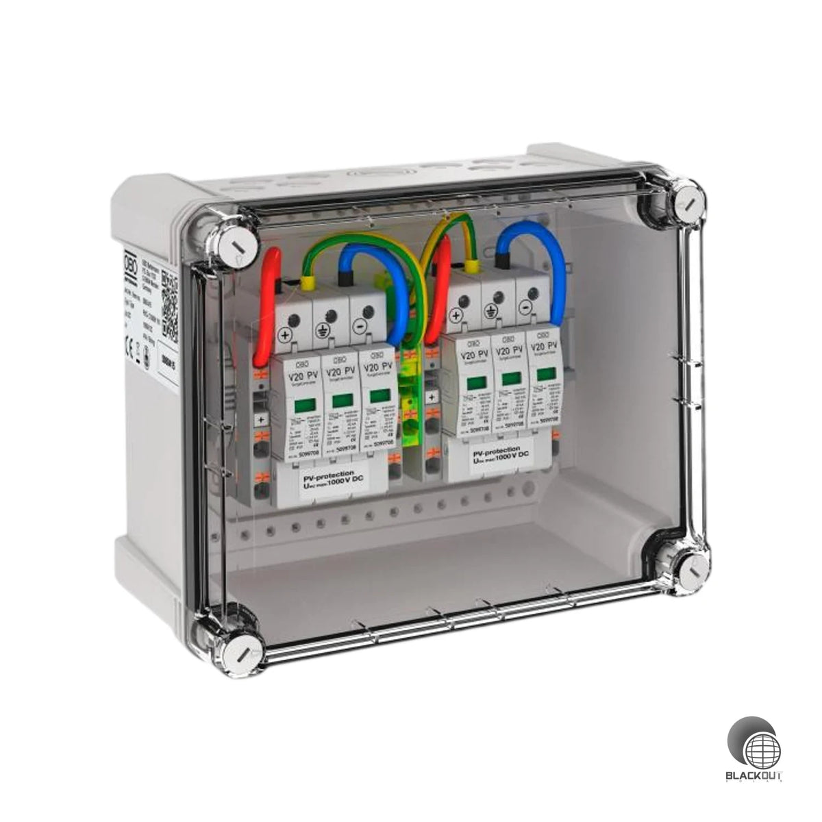 DC-Stringbox für Photovoltaikanlagen mit zwei MPP-Trackern – schützt den Wechselrichter zuverlässig mit vorinstallierten Typ-2-Ableitern und ist dank IP67-Gehäuse auch für den harten Außeneinsatz gemacht.