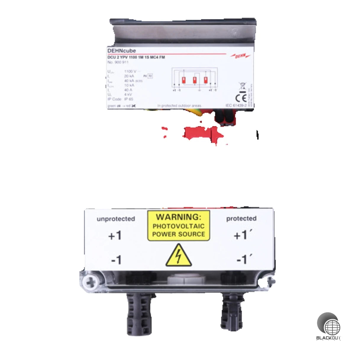 Generatoranschlusskasten mit Typ-2-Überspannungsschutz für PV-Anlagen bis 1100 V DC. Schützt einen MPPT-Eingang und einen String, mit Original MC4-Steckverbindungen und Fernmeldekontakt in IP65-Gehäuse.
