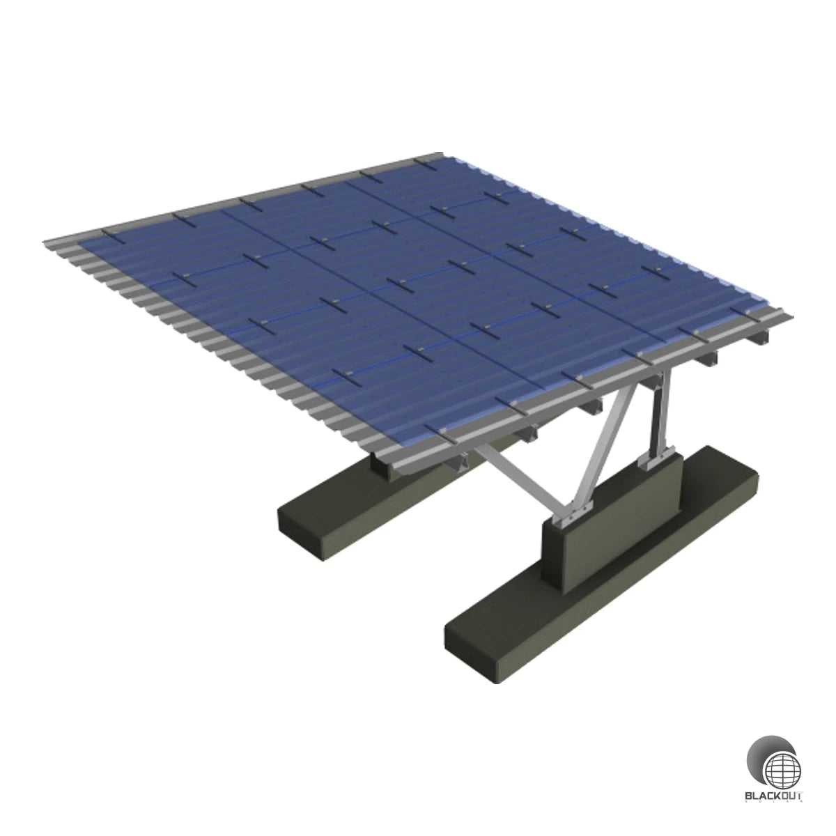 Kompaktes Solar-Carport-Montagesystem von SL Rack für einen Parkplatz – ausgelegt für eine Modulanordnung in 3 Reihen vertikal mit je 4 Modulen.