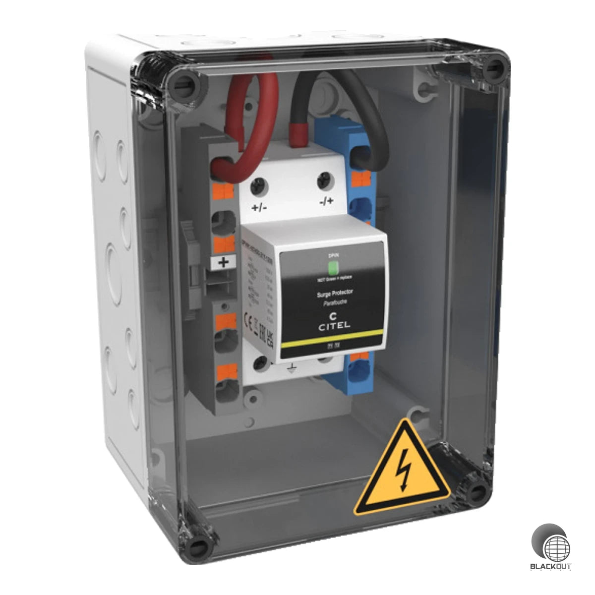 Kompakter Generatoranschlusskasten der XS-Serie mit integriertem PV-Kombiableiter Typ 1+2+3 und patentierter CTC-Technologie für PV-Anlagen bis 1000 VDC. Ausgelegt für Gebäude der Blitzschutzklasse III/IV mit IP65-Schutz.