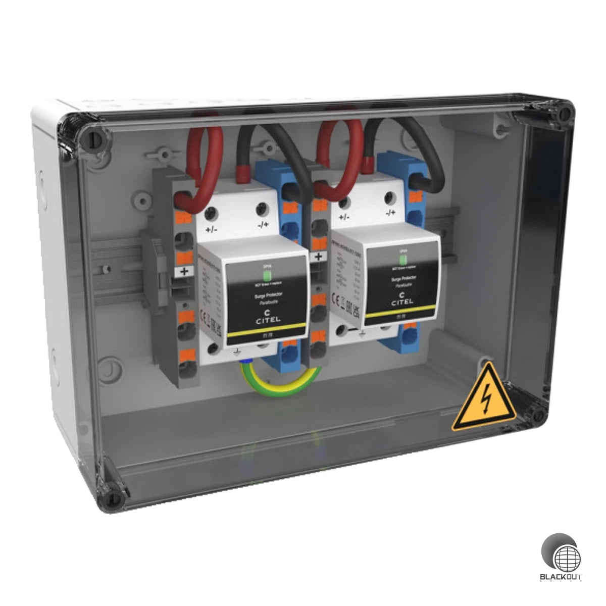 Kompakter Generatoranschlusskasten der XS-Serie mit integriertem PV-Kombiableiter Typ 1+2+3 für Gebäude der Blitzschutzklasse III/IV. Ausgelegt für 2 MPP-Tracker und 2 Strings bei 1000 VDC mit patentierter CTC-Technologie.