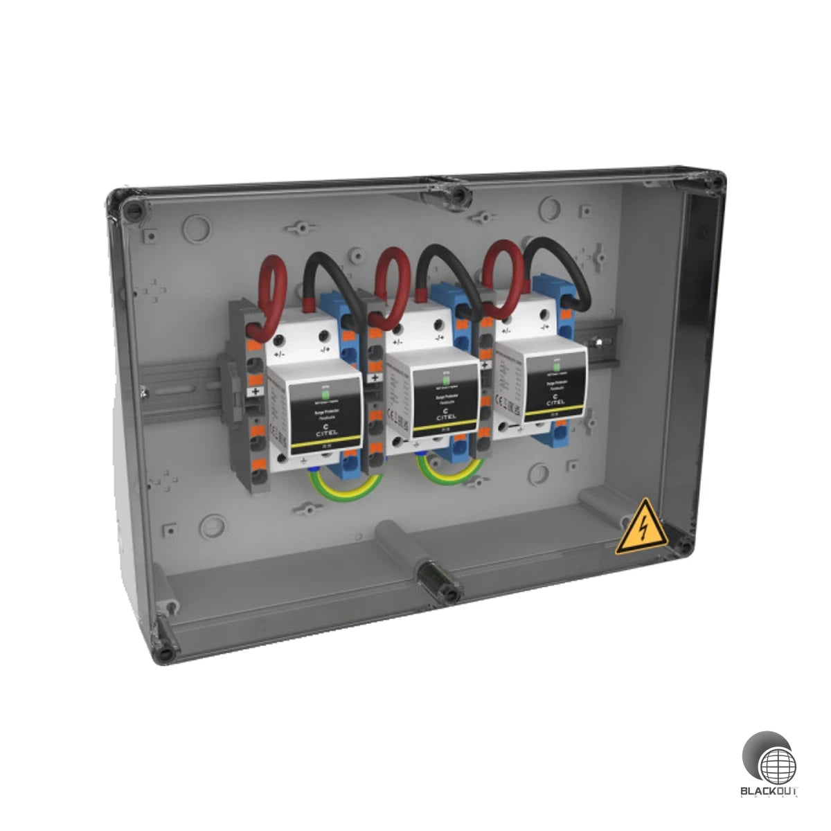 Kompakter Generatoranschlusskasten der XS-Serie für PV-Anlagen mit integriertem Kombinations-Überspannungsschutz Typ 1+2+3 – konzipiert für Gebäude der Blitzschutzklasse III/IV.
