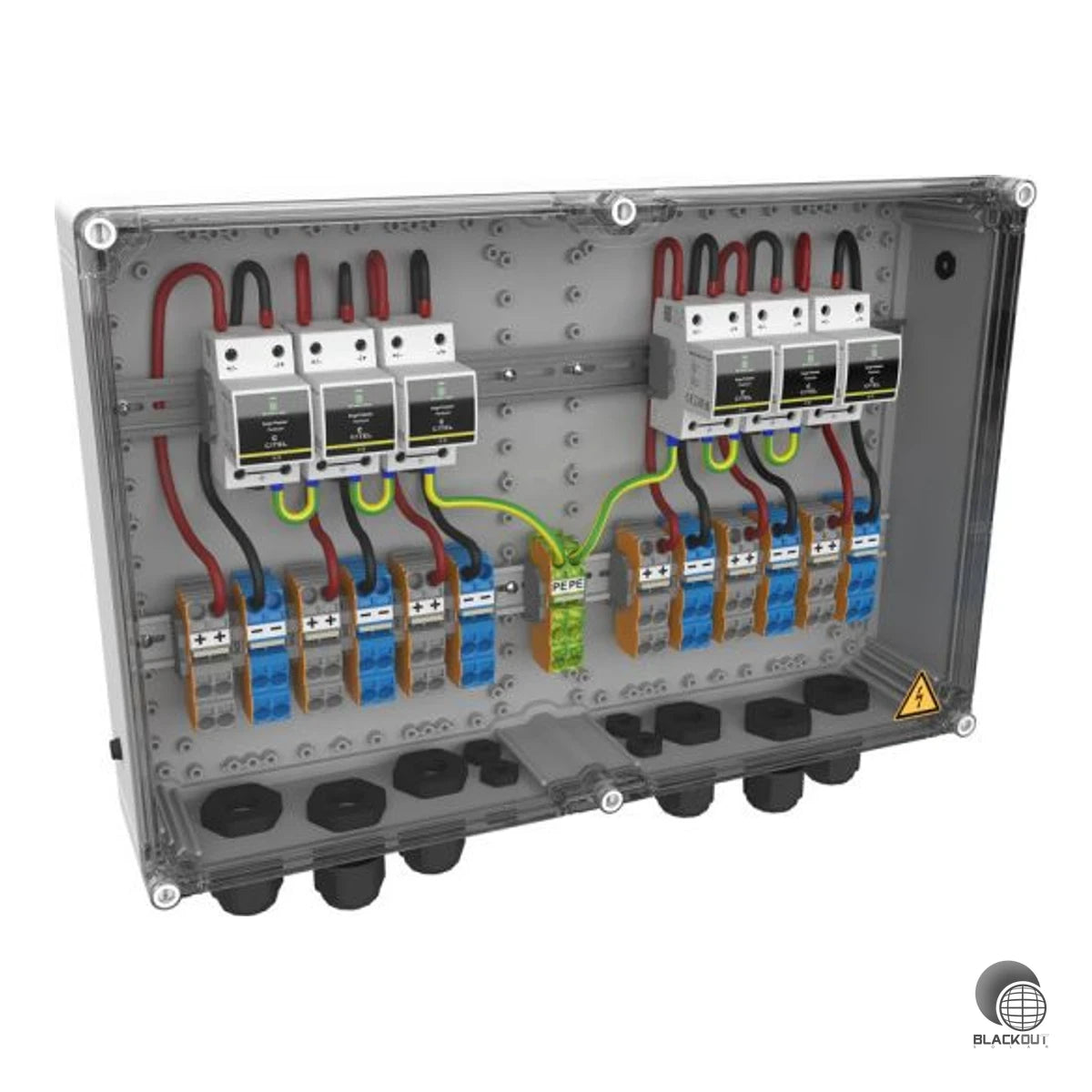 Kompakter Generatoranschlusskasten der XS-Serie von Citel mit integriertem PV-Kombiableiter Typ 1+2+3 und patentierter CTC-Technology. Bietet 6 MPP-Eingänge mit je 2 Strings bei 1000 VDC Systemspannung im wetterfesten IP65-Gehäuse.