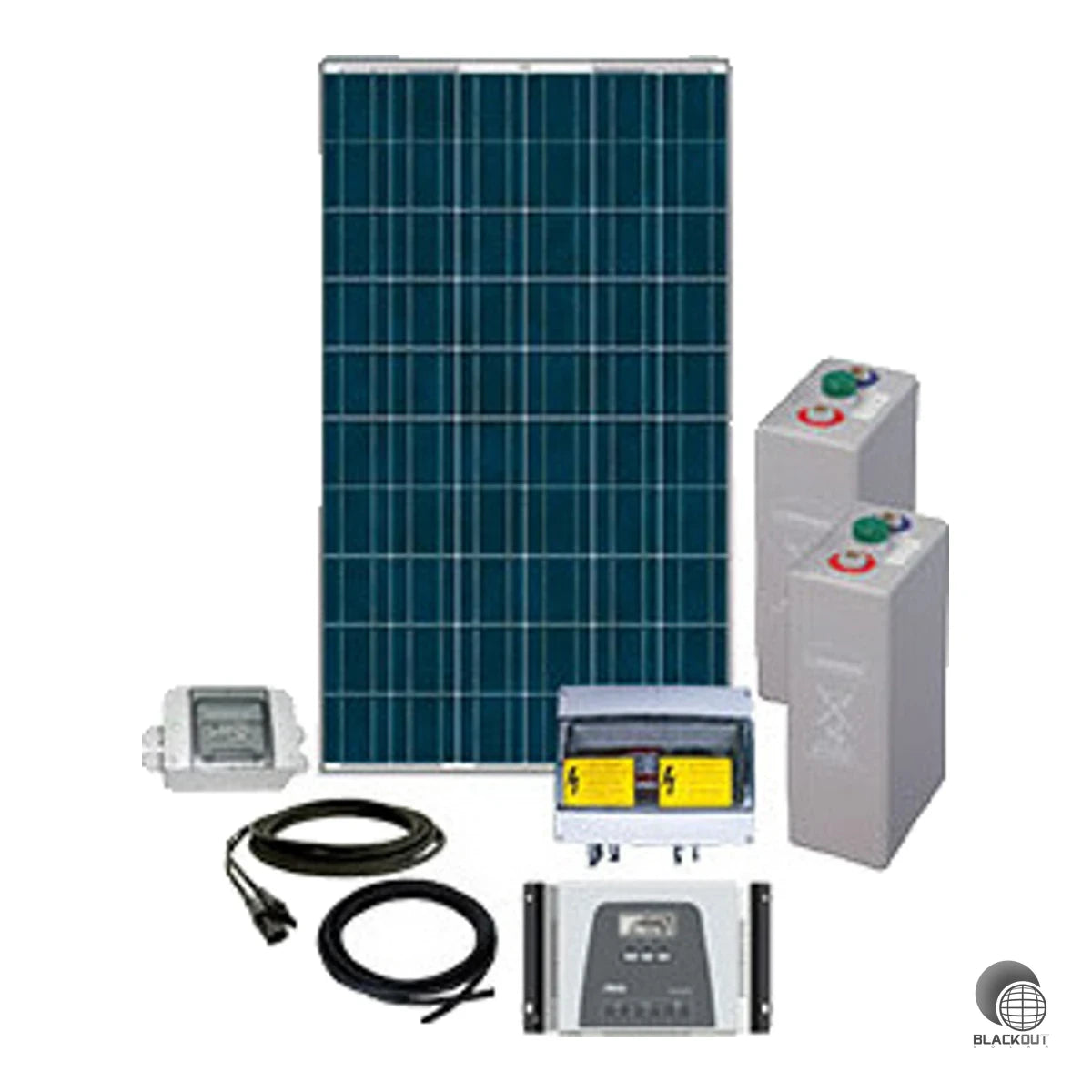 Autarkes Komplettsystem mit 12 kristallinen Solarmodulen, 24 OPzV-Batterien und MPPT-Laderegler für eine zuverlässige netzunabhängige Stromversorgung mit bis zu 13,1 kWh täglicher Energieproduktion.
