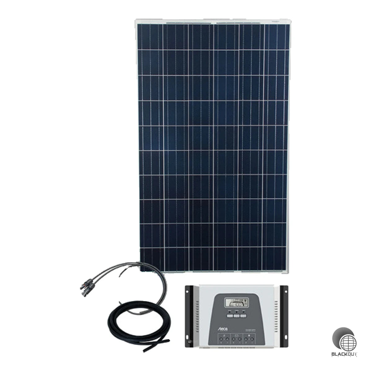 Autarkes Off-Grid Solarkit mit 9 kristallinen Solarmodulen, MPPT-Laderegler und komplettem Verkabelungszubehör für eine zuverlässige Stromversorgung abseits des Netzes. Batterie und Wechselrichter separat erhältlich.